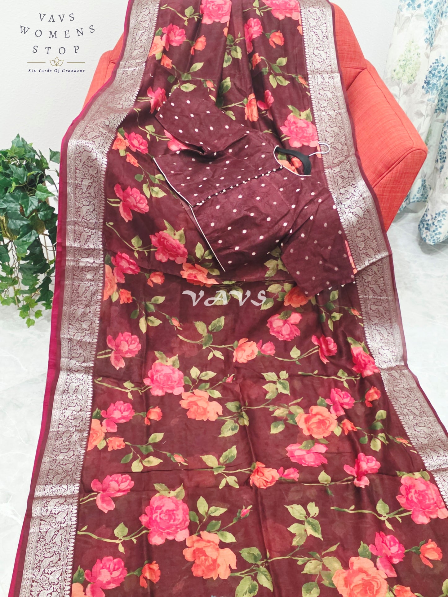 Royal Burgundy Wine Floral Print Chanderi Linen Cotton Style Saree with Stitched Blouse Size 40-46