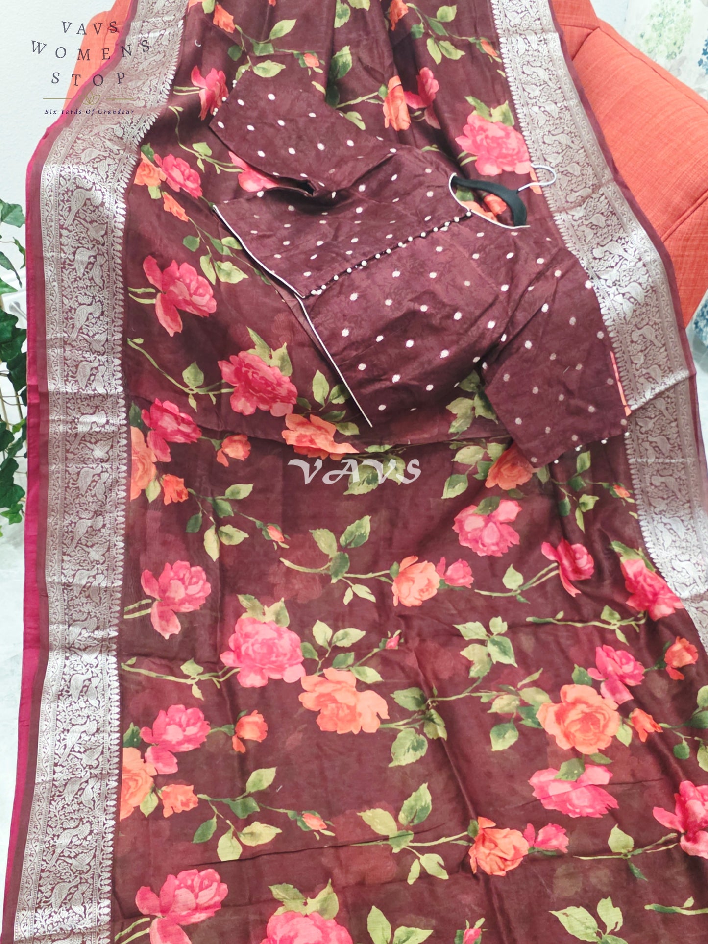 Royal Burgundy Wine Floral Print Chanderi Linen Cotton Style Saree with Stitched Blouse Size 40-46