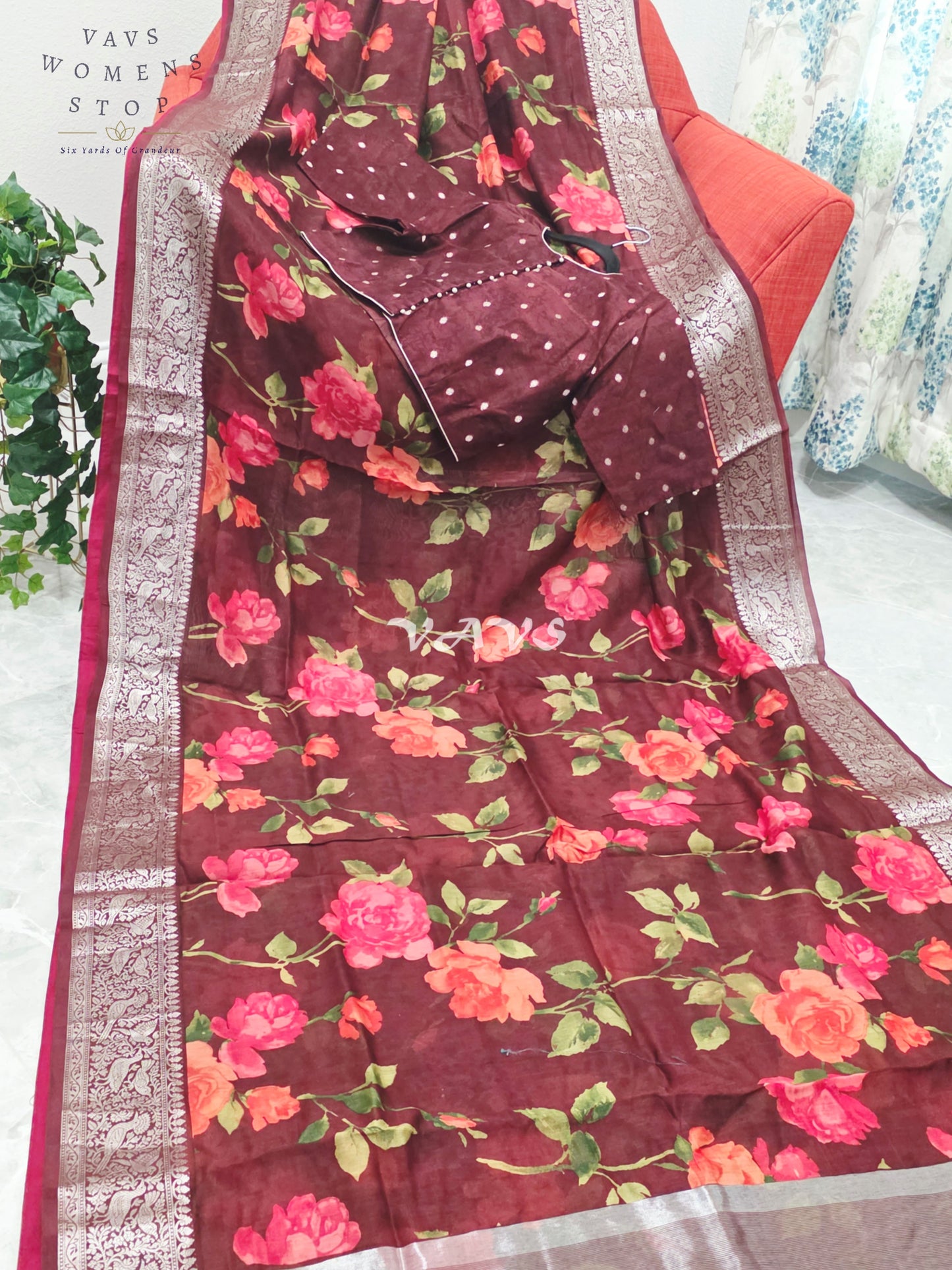 Royal Burgundy Wine Floral Print Chanderi Linen Cotton Style Saree with Stitched Blouse Size 40-46
