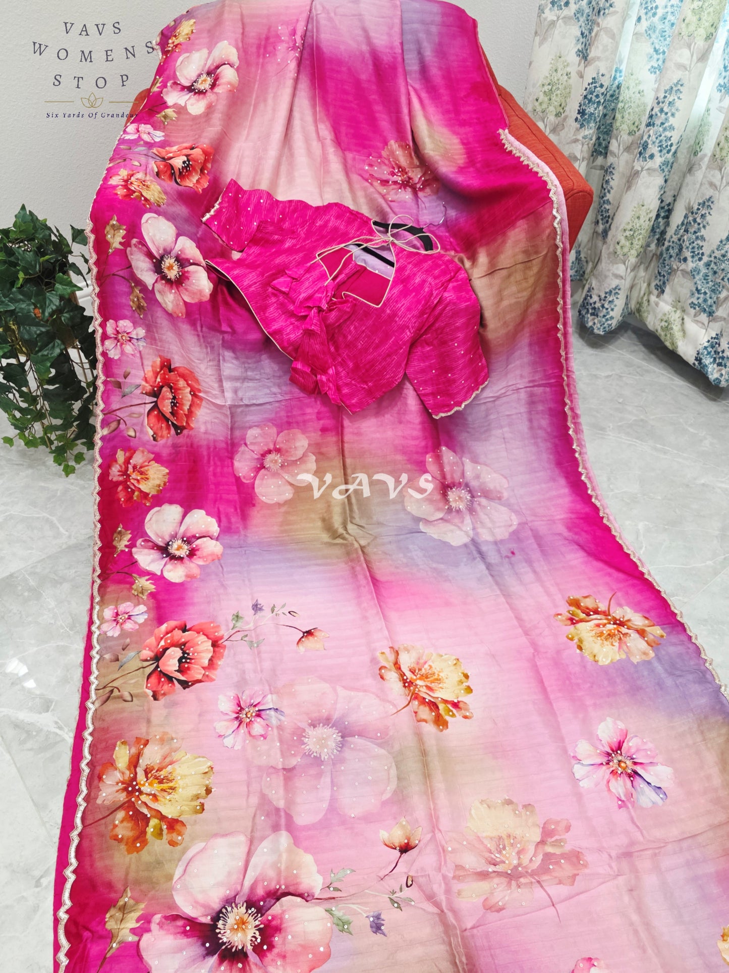 Royal Fuchsia Rose & Blush Orchid Soft Russian Crepe Silk Floral Sequins Saree with Stitched Blouse Size 42-48