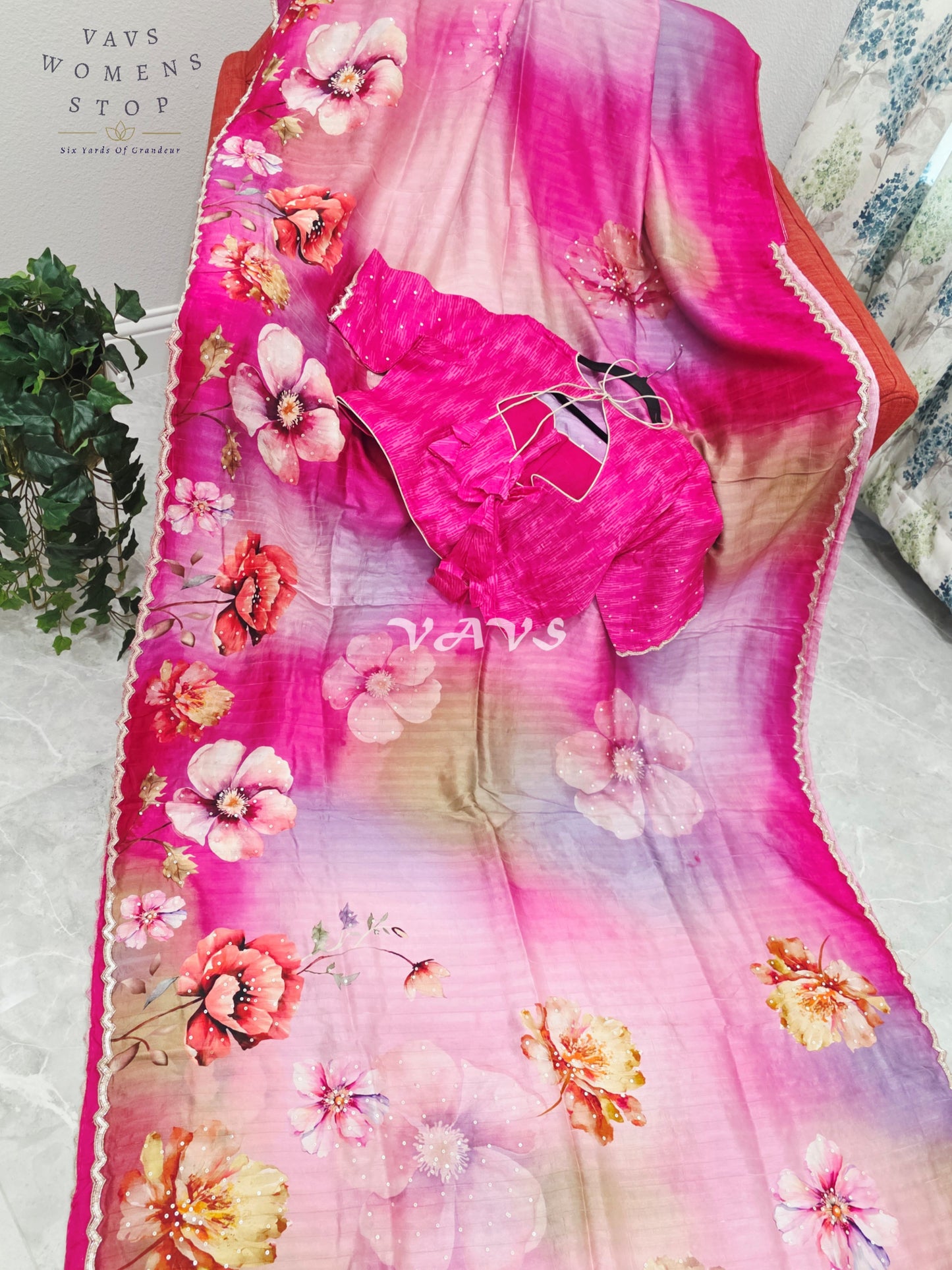 Royal Fuchsia Rose & Blush Orchid Soft Russian Crepe Silk Floral Sequins Saree with Stitched Blouse Size 42-48