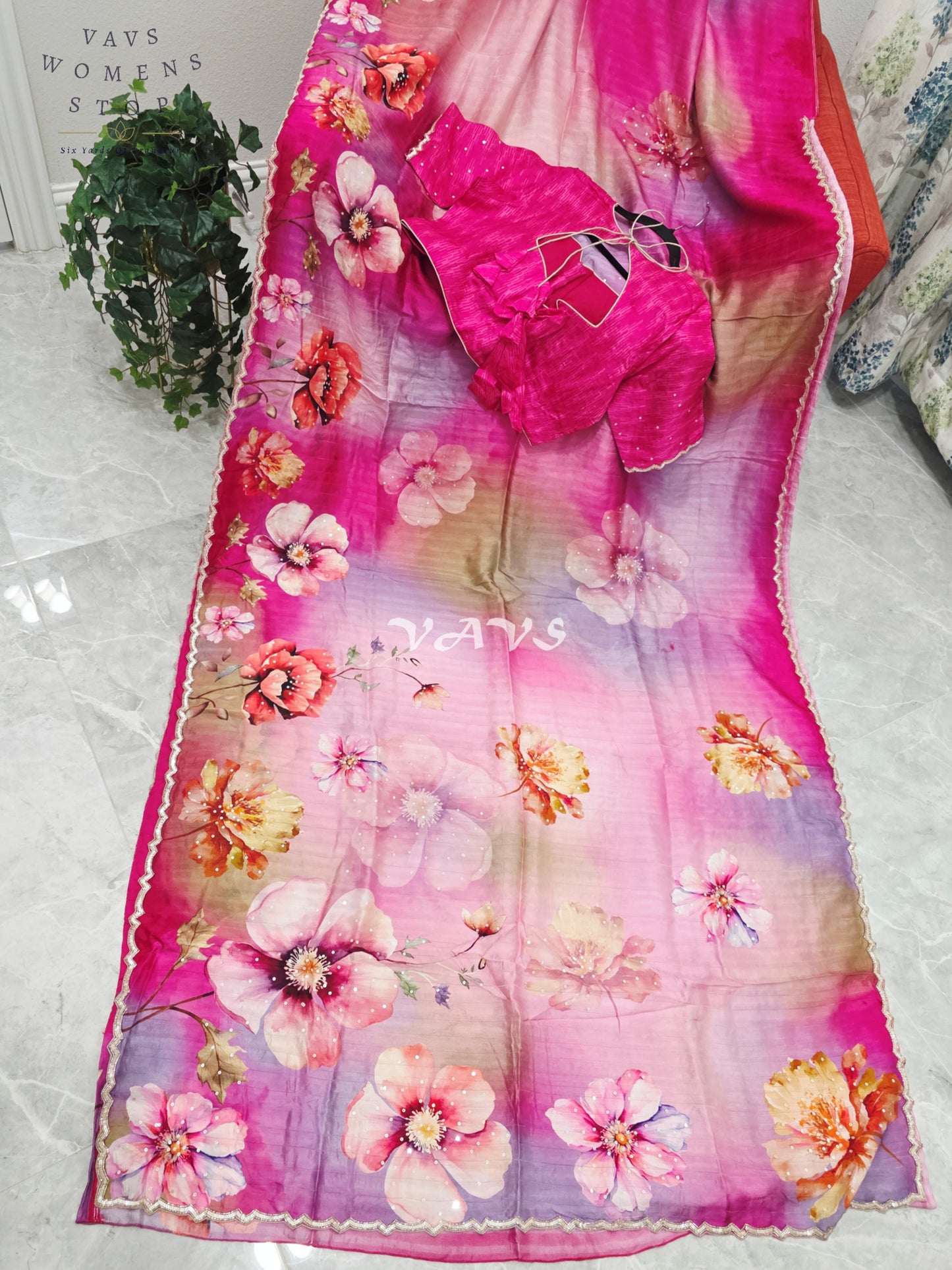 Royal Fuchsia Rose & Blush Orchid Soft Russian Crepe Silk Floral Sequins Saree with Stitched Blouse Size 42-48