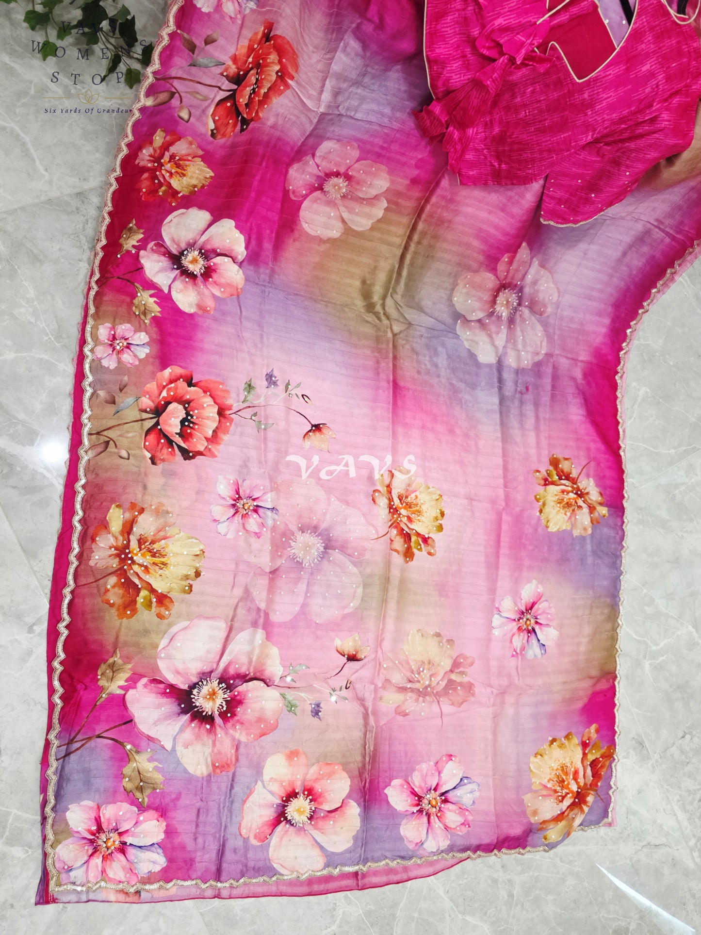 Royal Fuchsia Rose & Blush Orchid Soft Russian Crepe Silk Floral Sequins Saree with Stitched Blouse Size 42-48