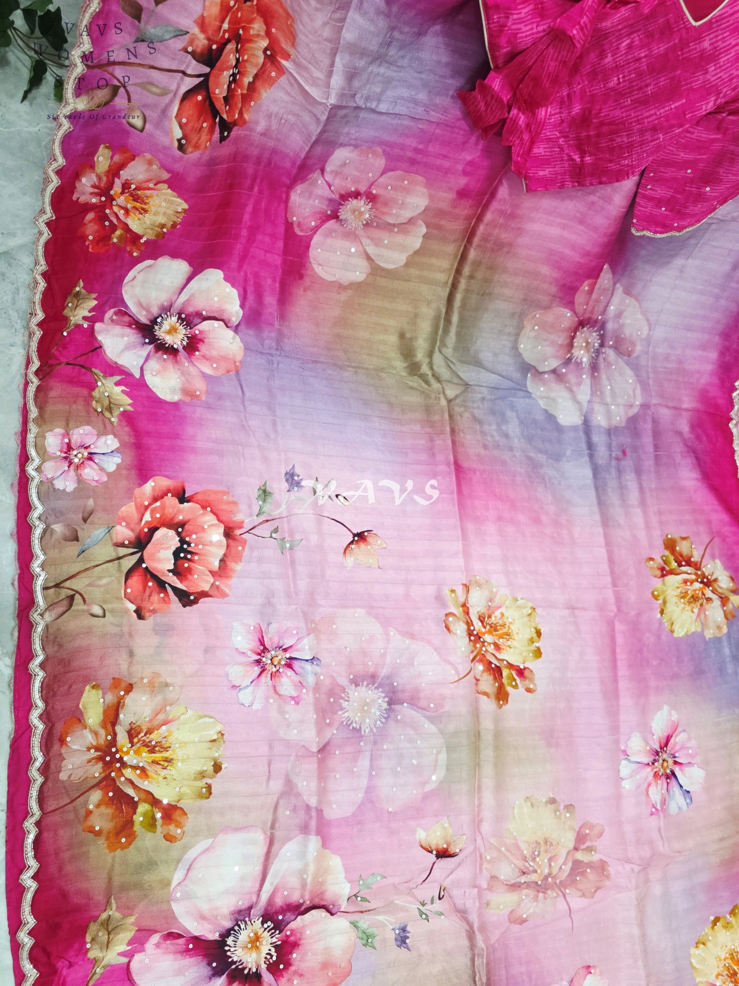 Royal Fuchsia Rose & Blush Orchid Soft Russian Crepe Silk Floral Sequins Saree with Stitched Blouse Size 42-48