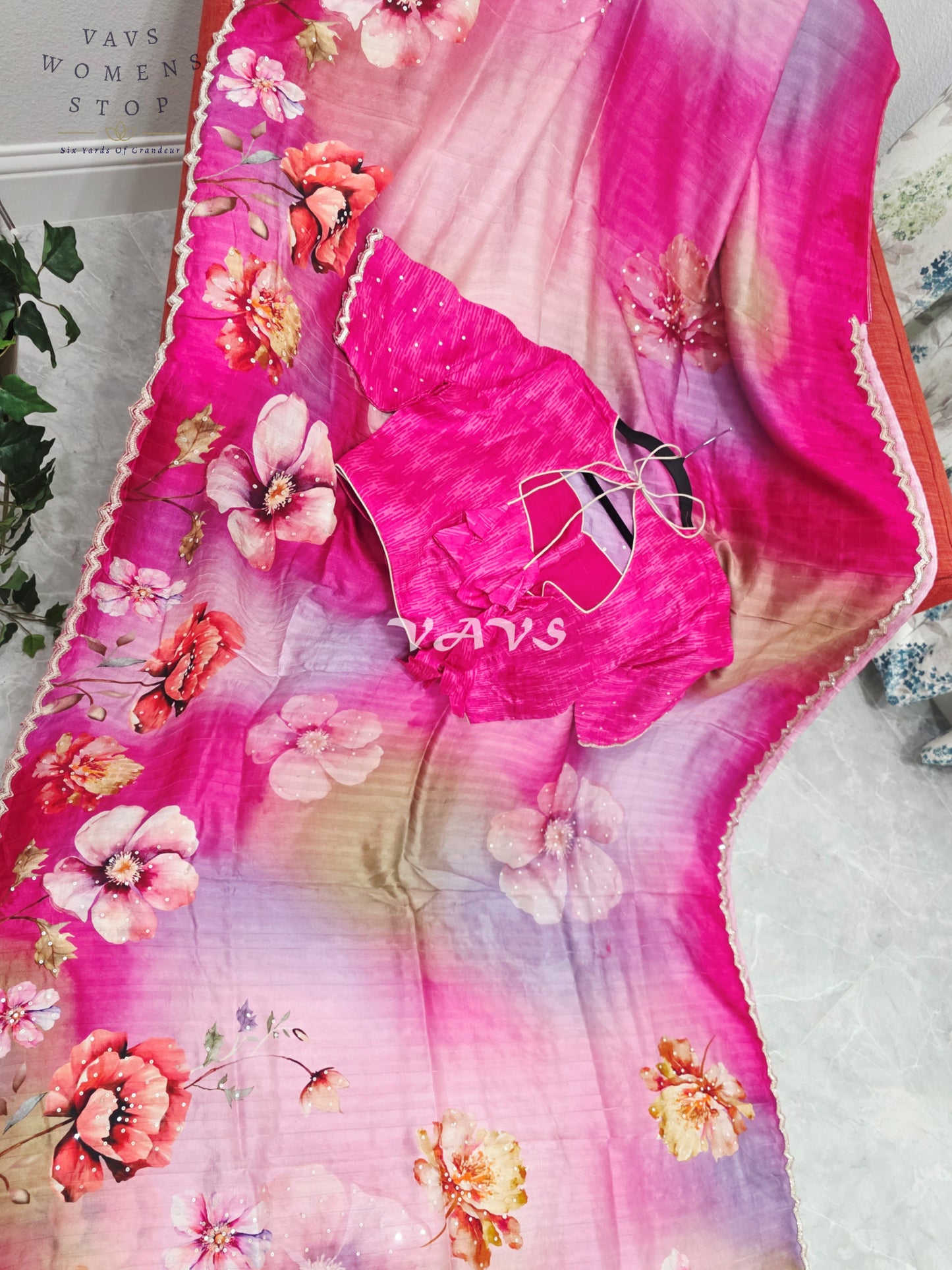 Royal Fuchsia Rose & Blush Orchid Soft Russian Crepe Silk Floral Sequins Saree with Stitched Blouse Size 42-48