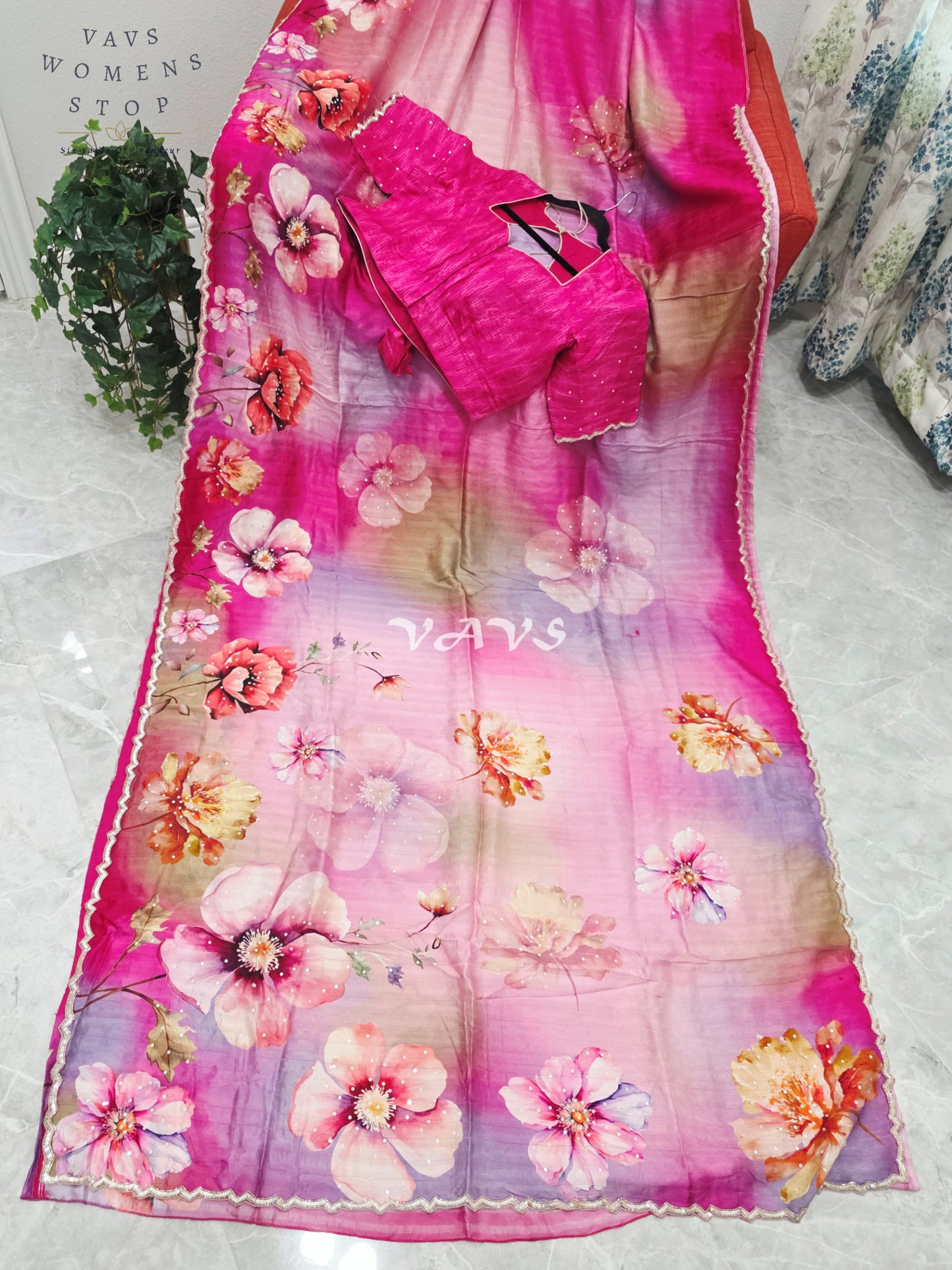 Royal Fuchsia Rose & Blush Orchid Soft Russian Crepe Silk Floral Sequins Saree with Stitched Blouse Size 42-48