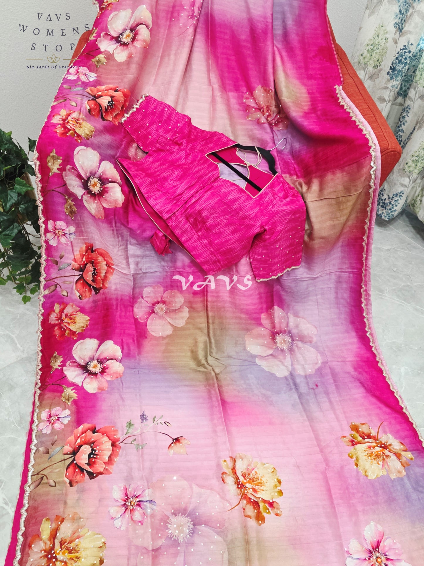 Royal Fuchsia Rose & Blush Orchid Soft Russian Crepe Silk Floral Sequins Saree with Stitched Blouse Size 42-48