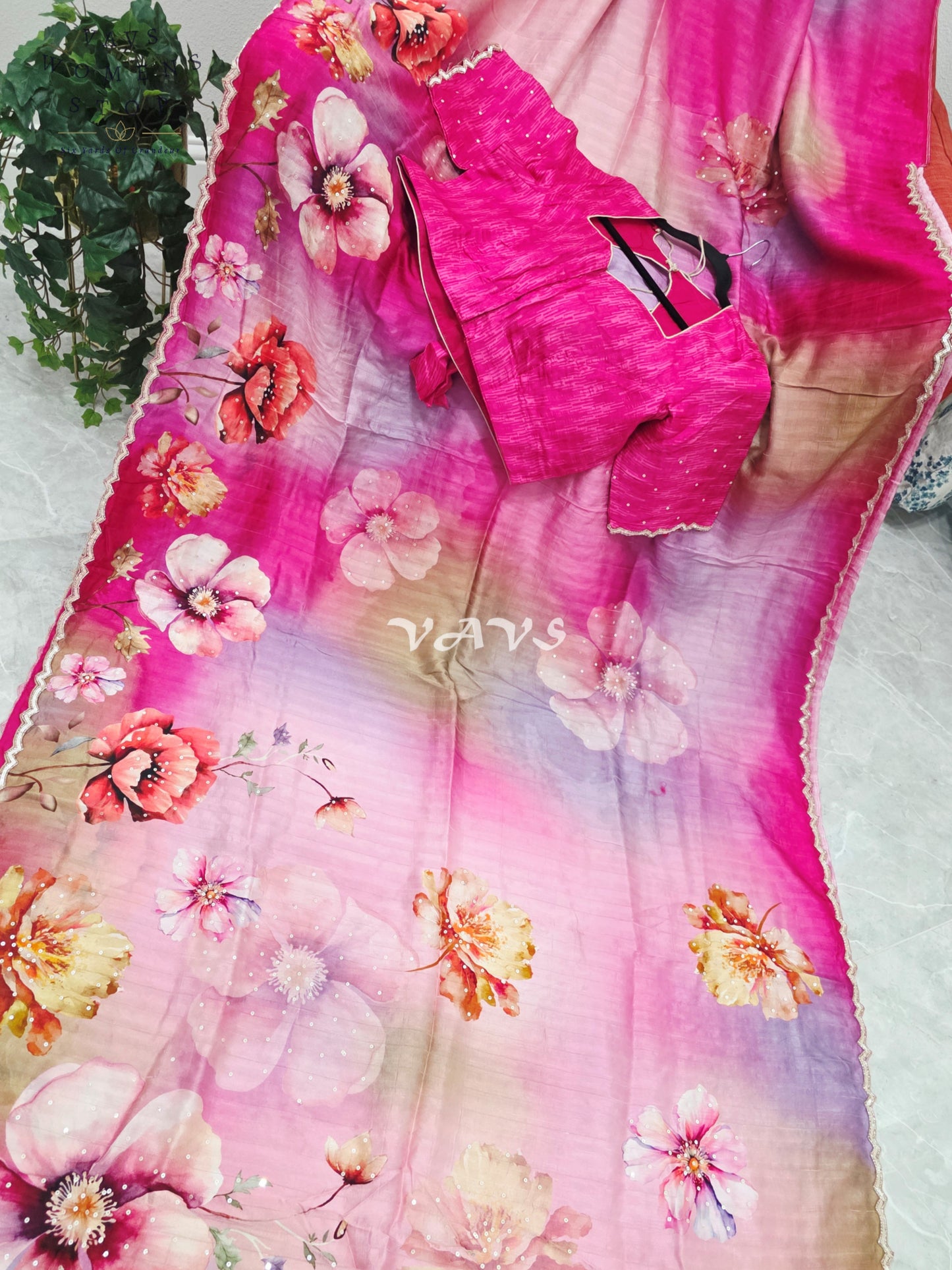 Royal Fuchsia Rose & Blush Orchid Soft Russian Crepe Silk Floral Sequins Saree with Stitched Blouse Size 42-48