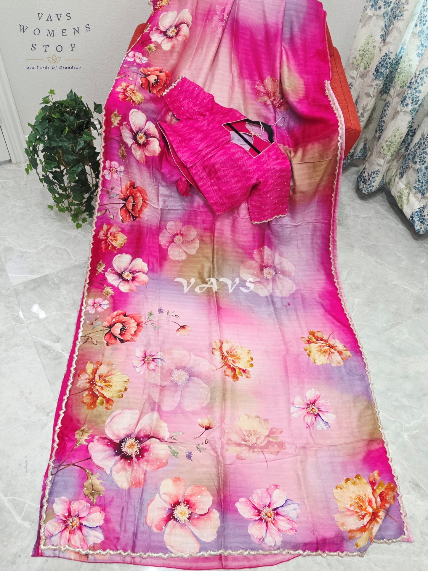 Royal Fuchsia Rose & Blush Orchid Soft Russian Crepe Silk Floral Sequins Saree with Stitched Blouse Size 42-48