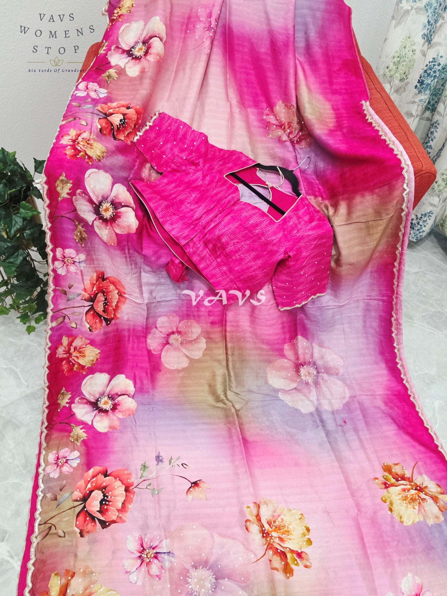 Royal Fuchsia Rose & Blush Orchid Soft Russian Crepe Silk Floral Sequins Saree with Stitched Blouse Size 42-48