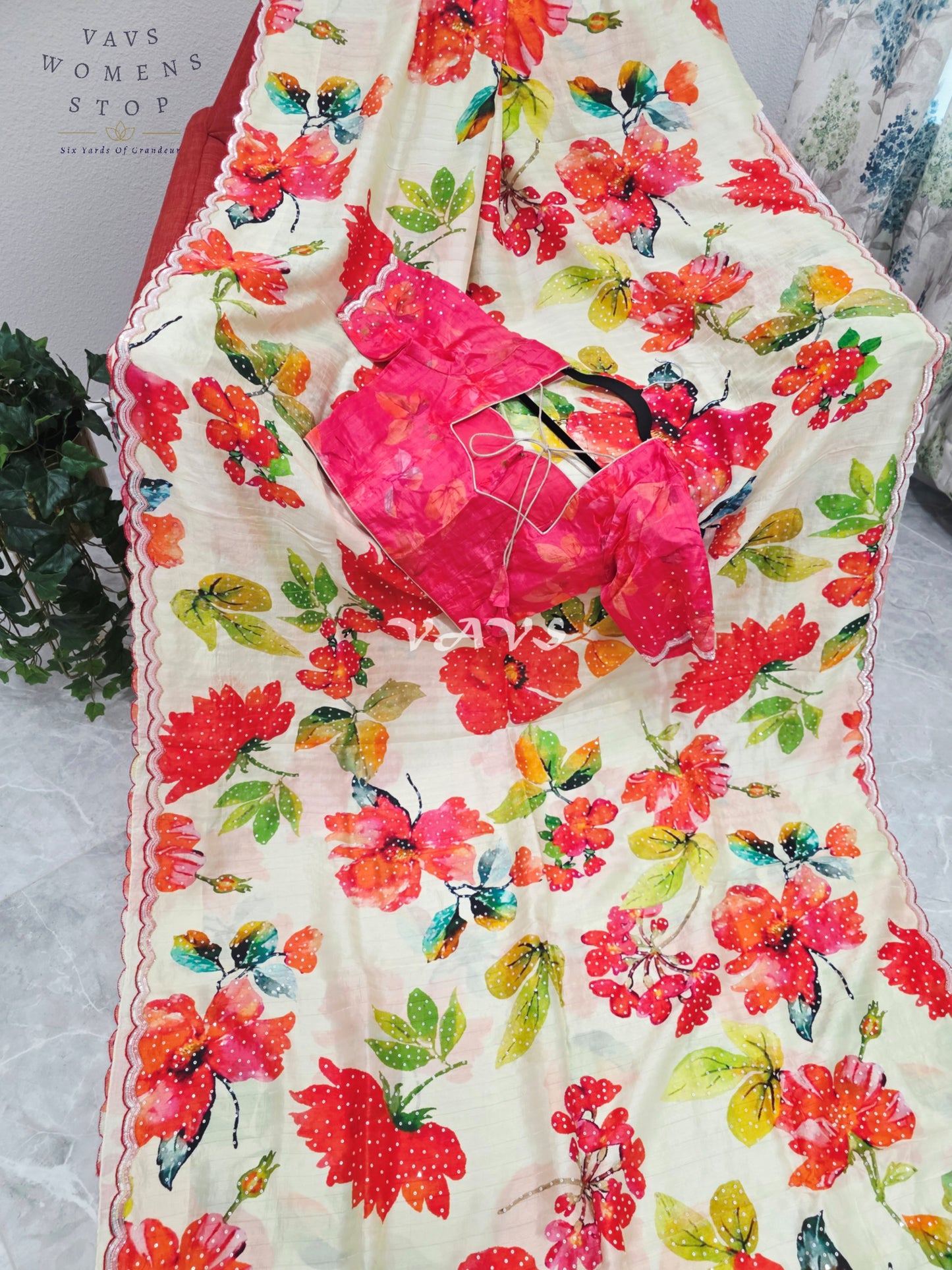 Royal Ivory Garden Soft Russian Crepe Silk Floral Sequins Saree with Rani Pink Stitched Blouse Size 36-42