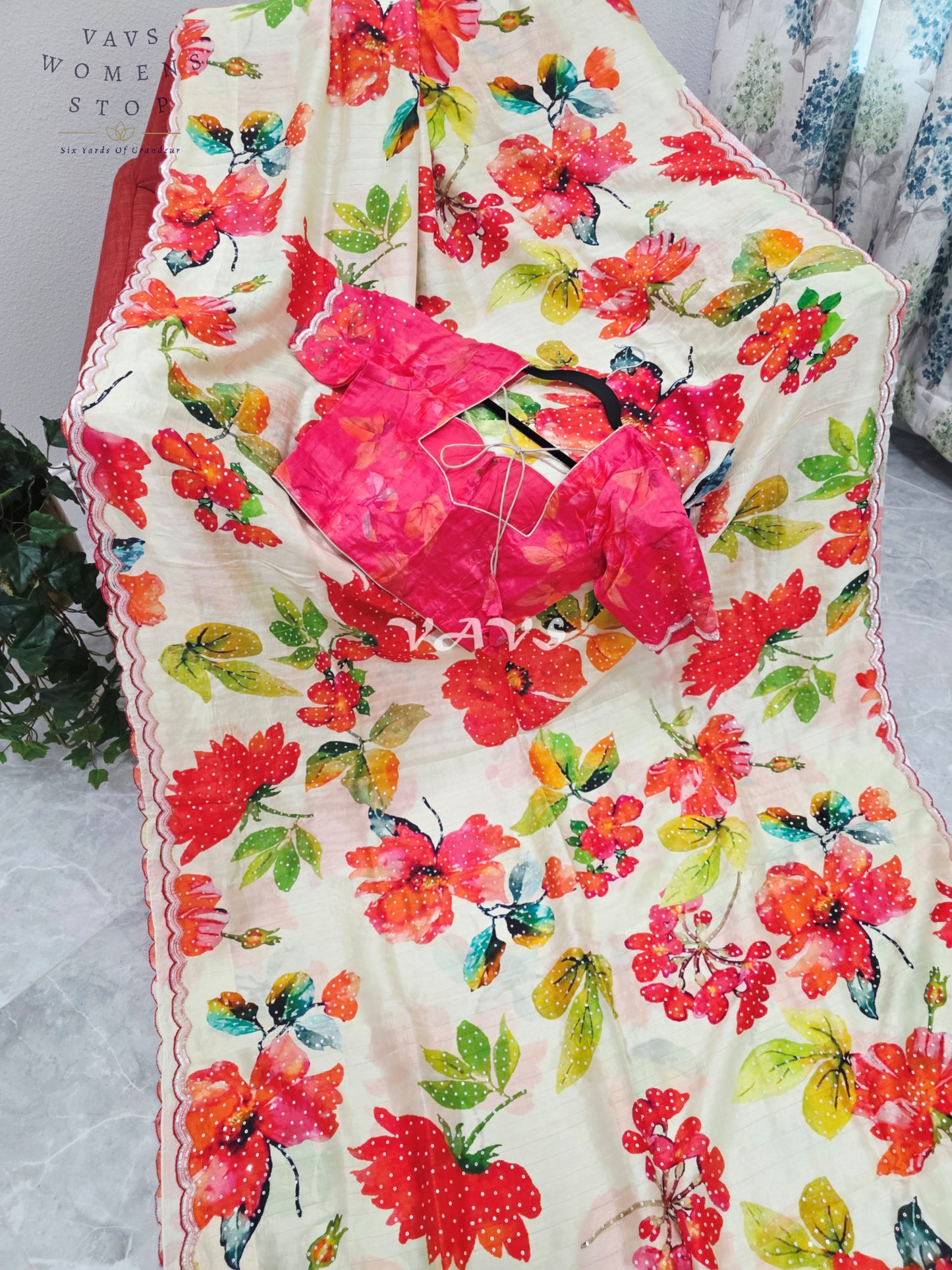 Royal Ivory Garden Soft Russian Crepe Silk Floral Sequins Saree with Rani Pink Stitched Blouse Size 36-42