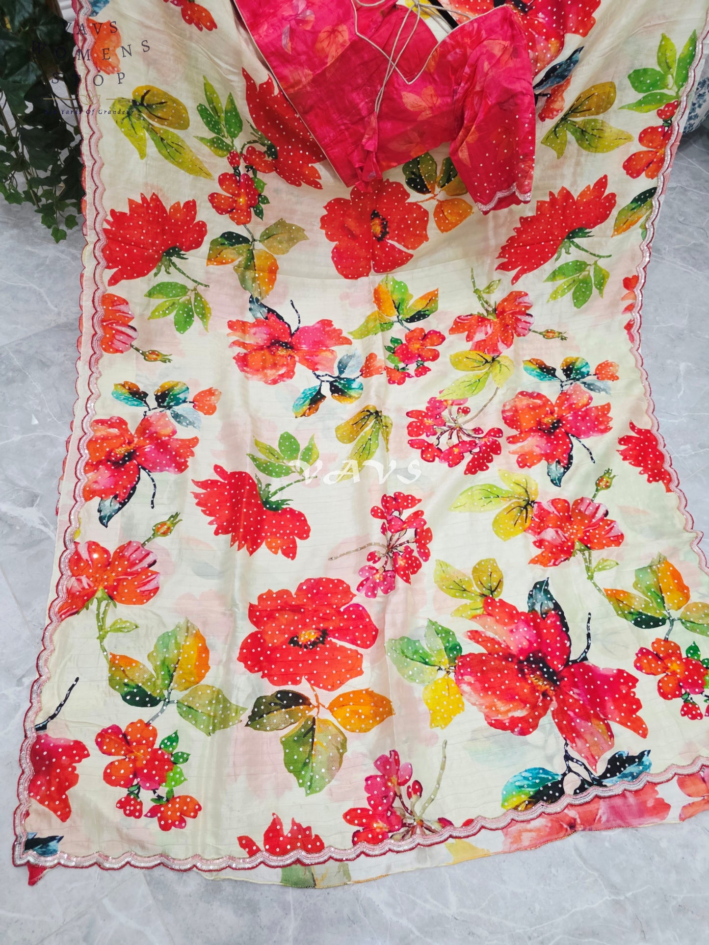 Royal Ivory Garden Soft Russian Crepe Silk Floral Sequins Saree with Rani Pink Stitched Blouse Size 36-42