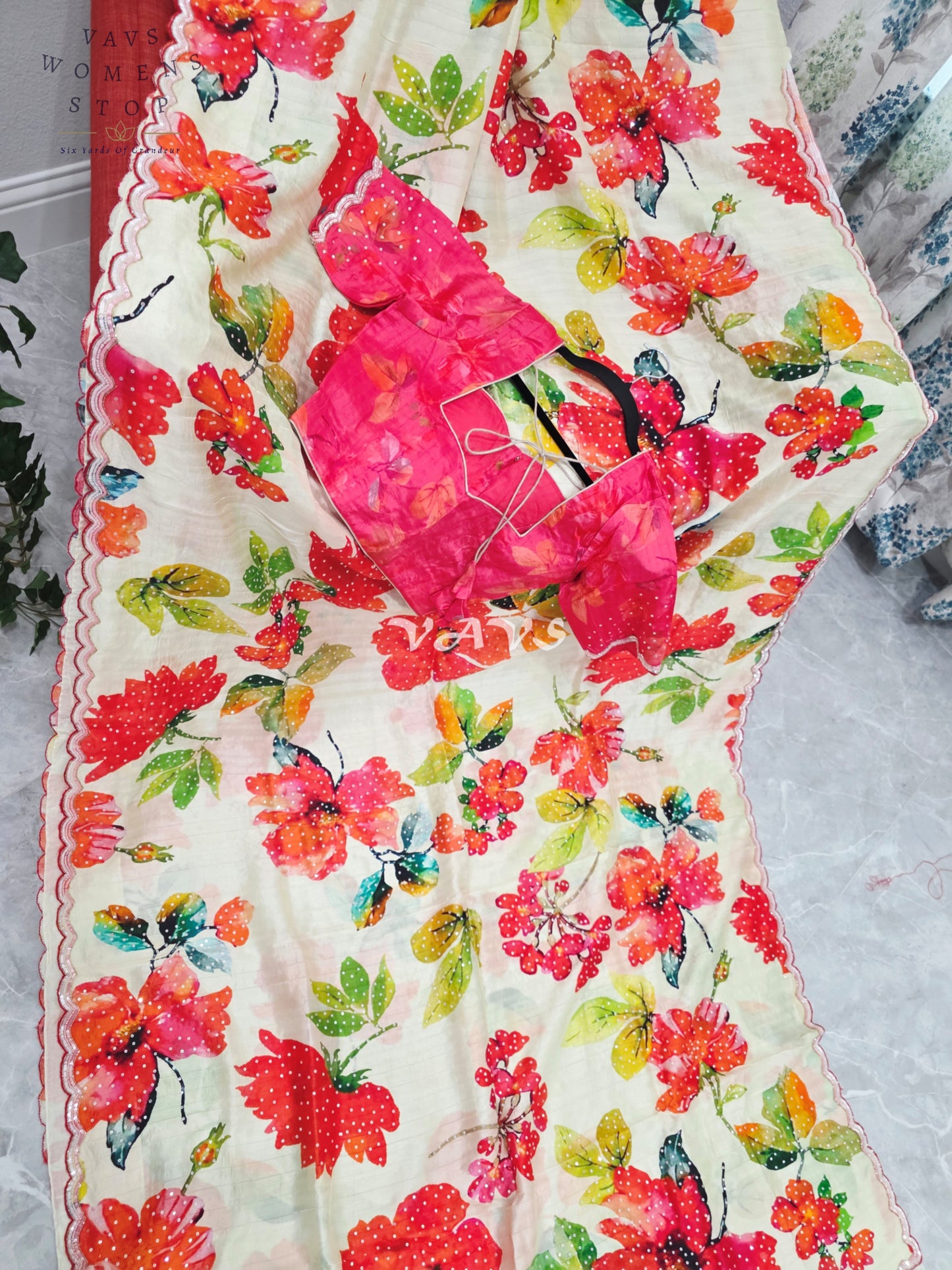 Royal Ivory Garden Soft Russian Crepe Silk Floral Sequins Saree with Rani Pink Stitched Blouse Size 36-42