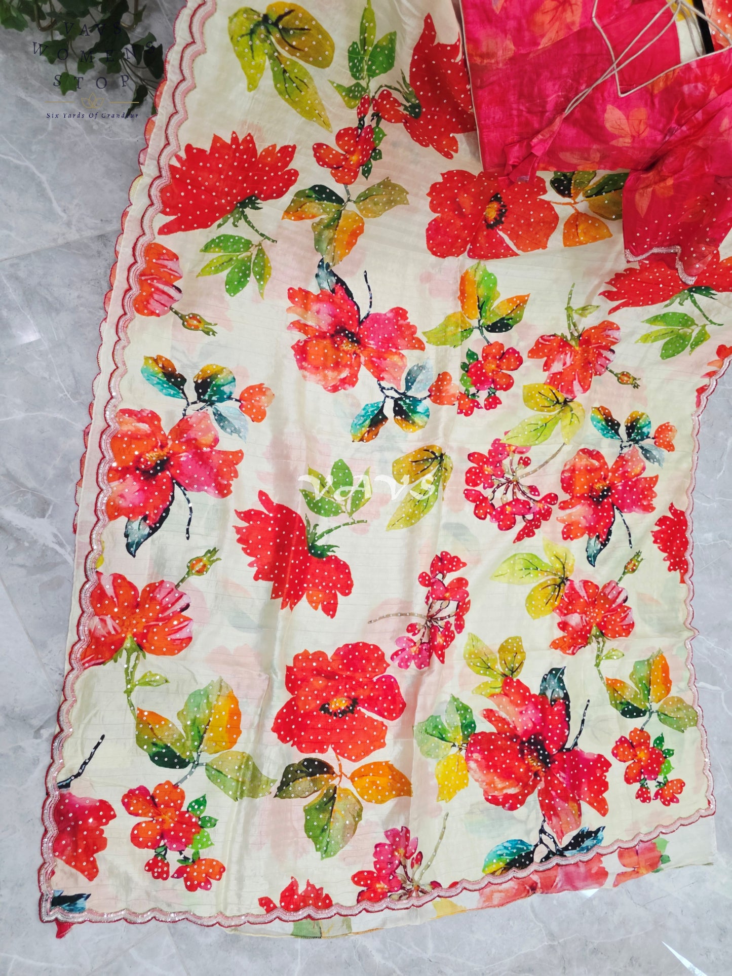 Royal Ivory Garden Soft Russian Crepe Silk Floral Sequins Saree with Rani Pink Stitched Blouse Size 36-42
