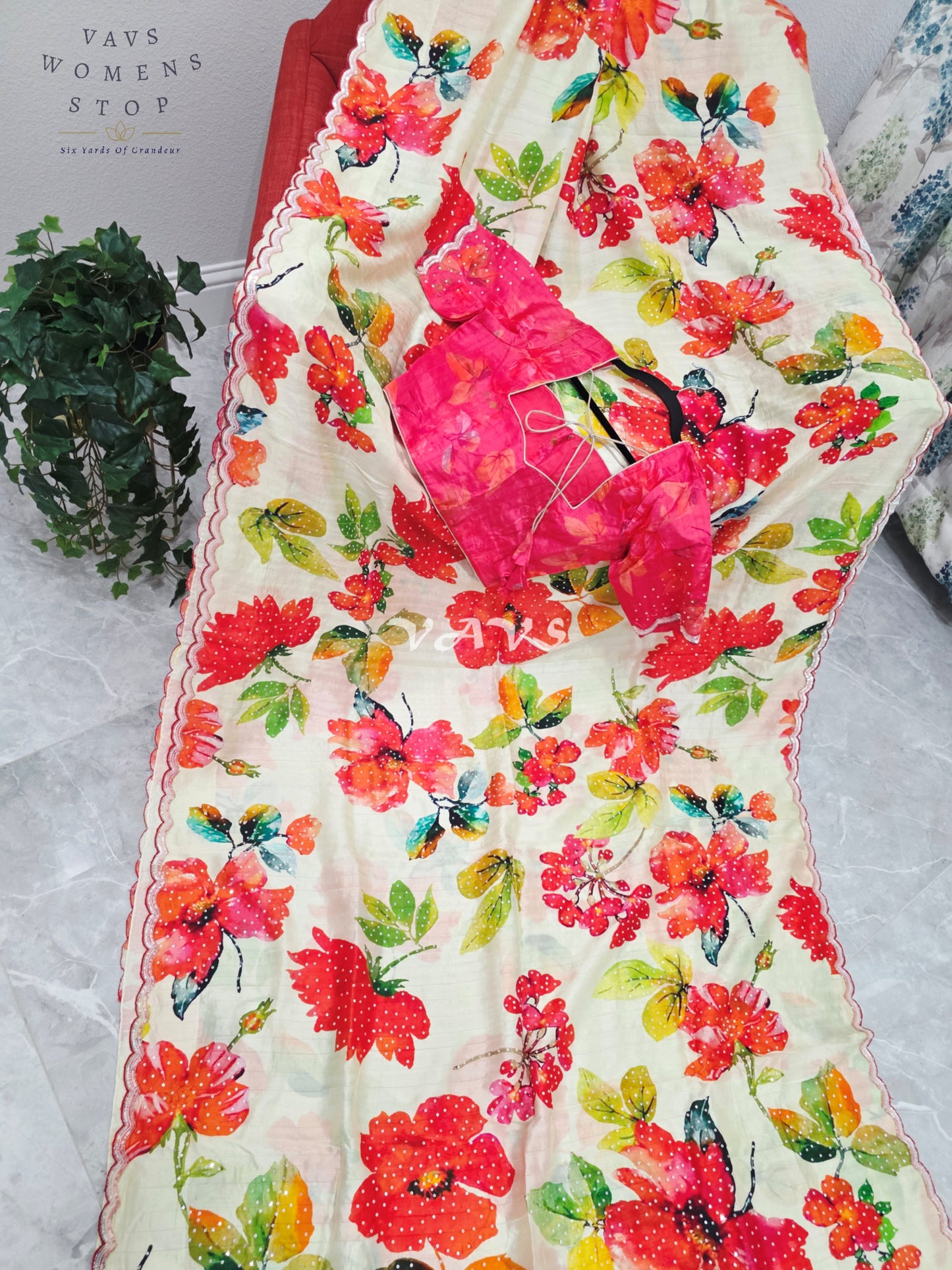 Royal Ivory Garden Soft Russian Crepe Silk Floral Sequins Saree with Rani Pink Stitched Blouse Size 36-42