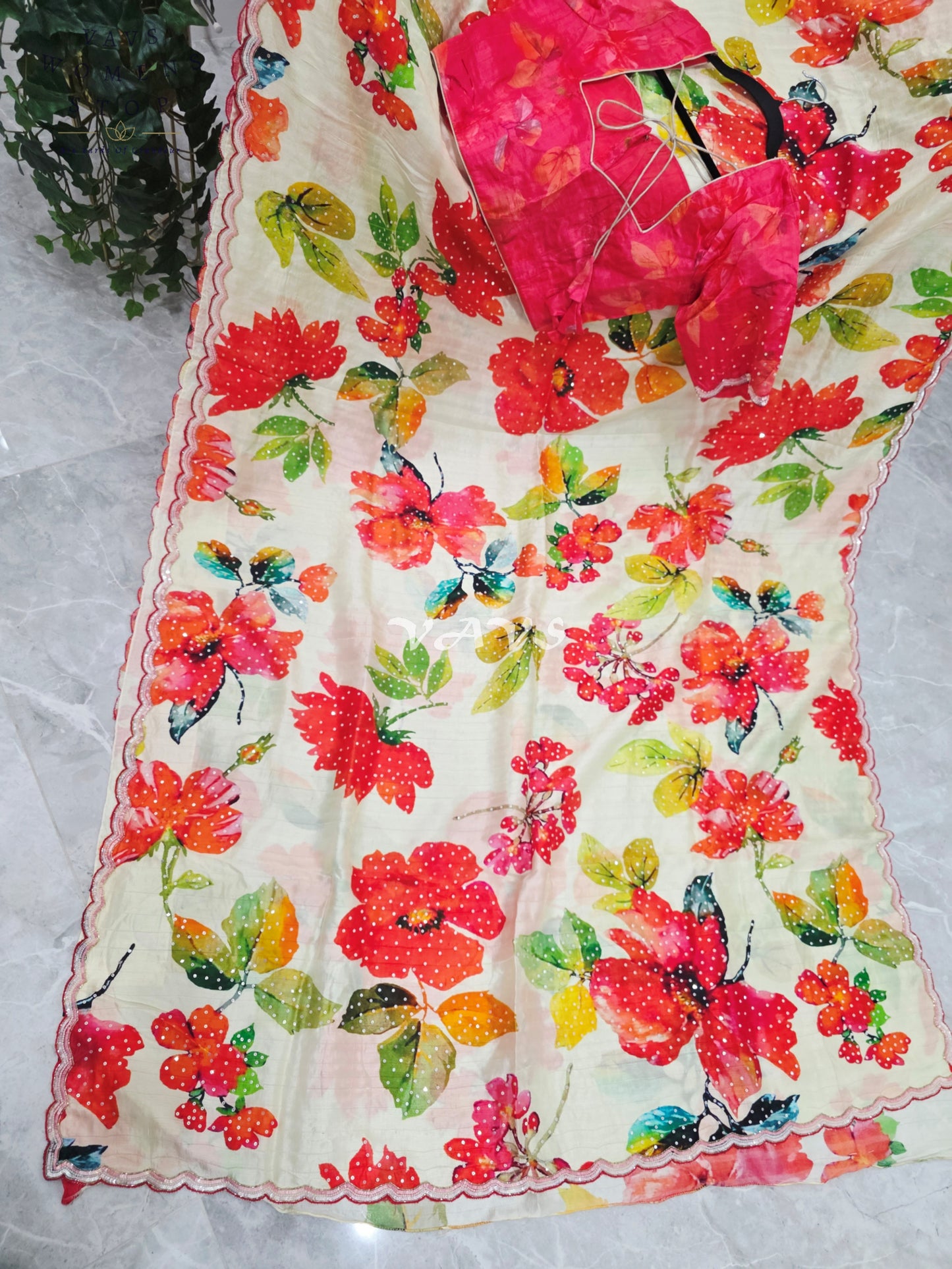 Royal Ivory Garden Soft Russian Crepe Silk Floral Sequins Saree with Rani Pink Stitched Blouse Size 36-42
