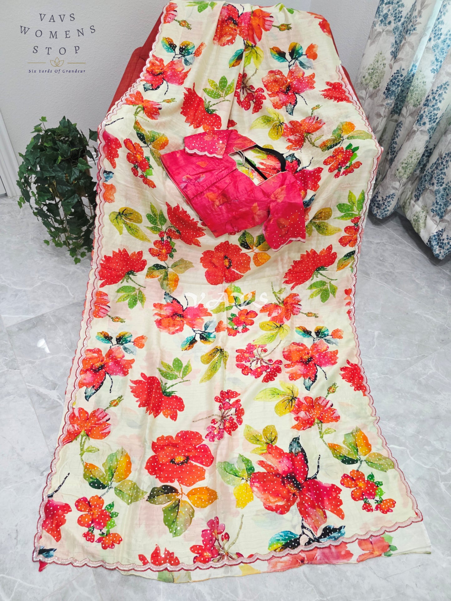Royal Ivory Garden Soft Russian Crepe Silk Floral Sequins Saree with Rani Pink Stitched Blouse Size 36-42