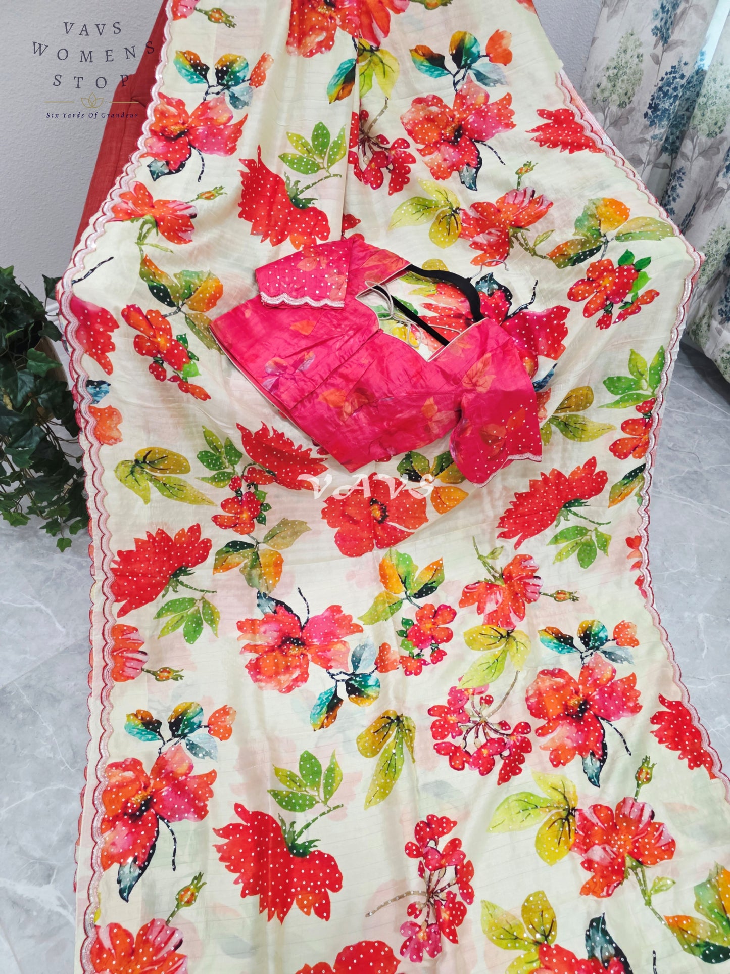 Royal Ivory Garden Soft Russian Crepe Silk Floral Sequins Saree with Rani Pink Stitched Blouse Size 36-42