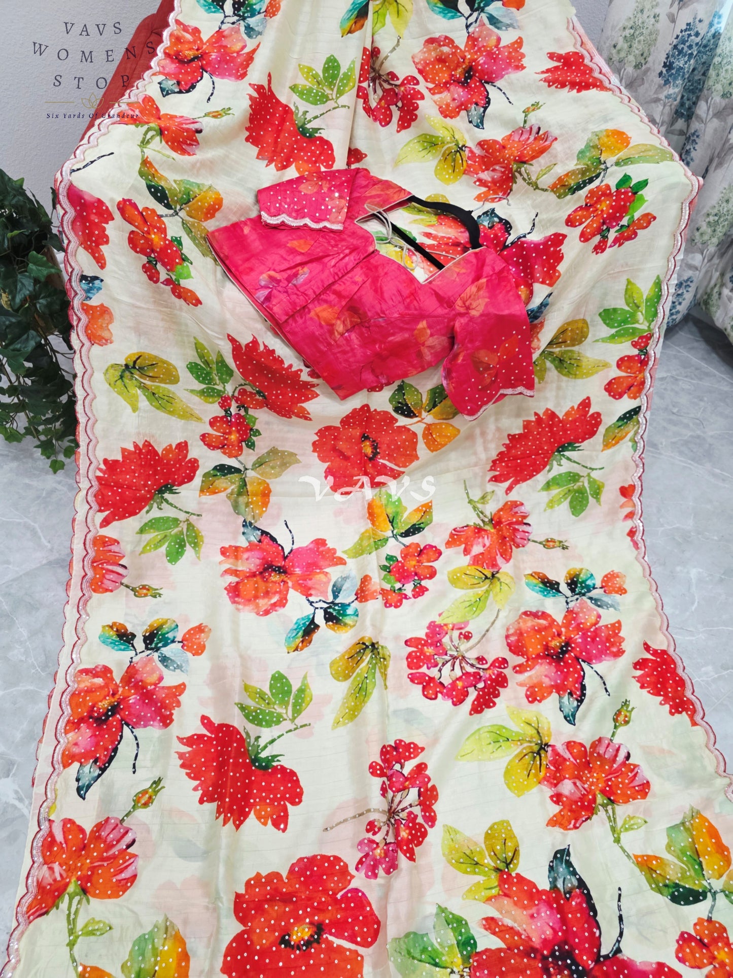 Royal Ivory Garden Soft Russian Crepe Silk Floral Sequins Saree with Rani Pink Stitched Blouse Size 36-42