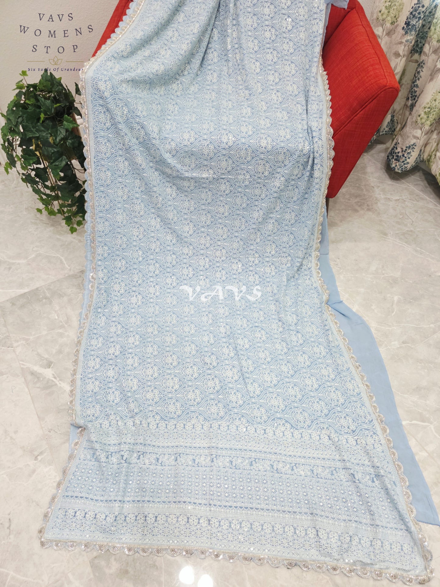 Powder Blue Pure Viscose Georgette Embroidered Saree with Stitched Blouse Size 34-40