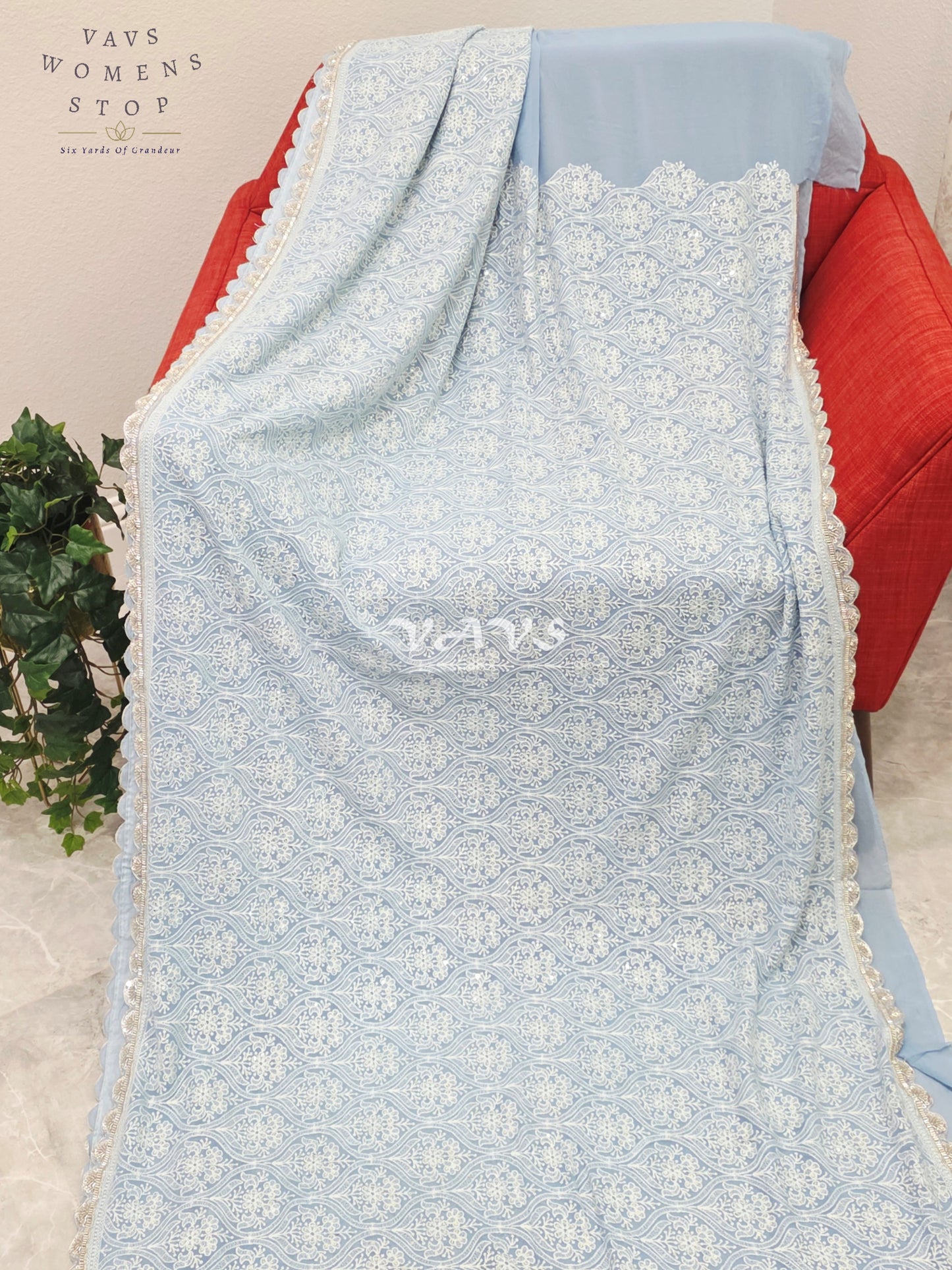 Powder Blue Pure Viscose Georgette Embroidered Saree with Stitched Blouse Size 34-40