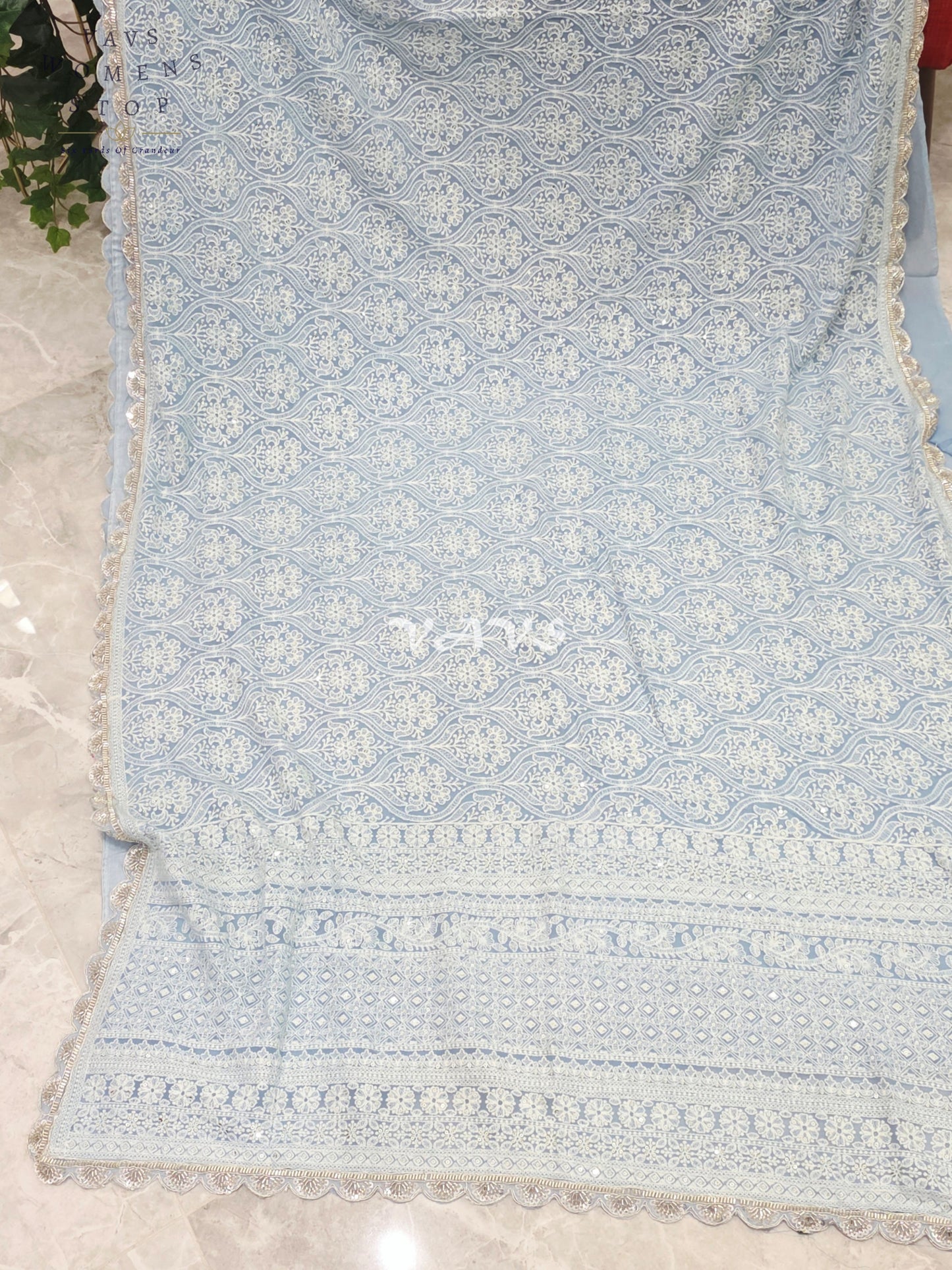 Powder Blue Pure Viscose Georgette Embroidered Saree with Stitched Blouse Size 34-40