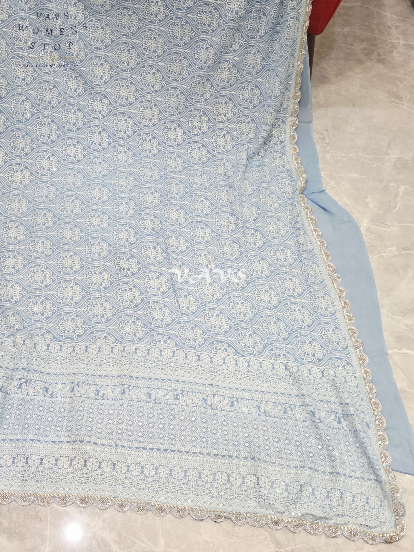 Powder Blue Pure Viscose Georgette Embroidered Saree with Stitched Blouse Size 34-40