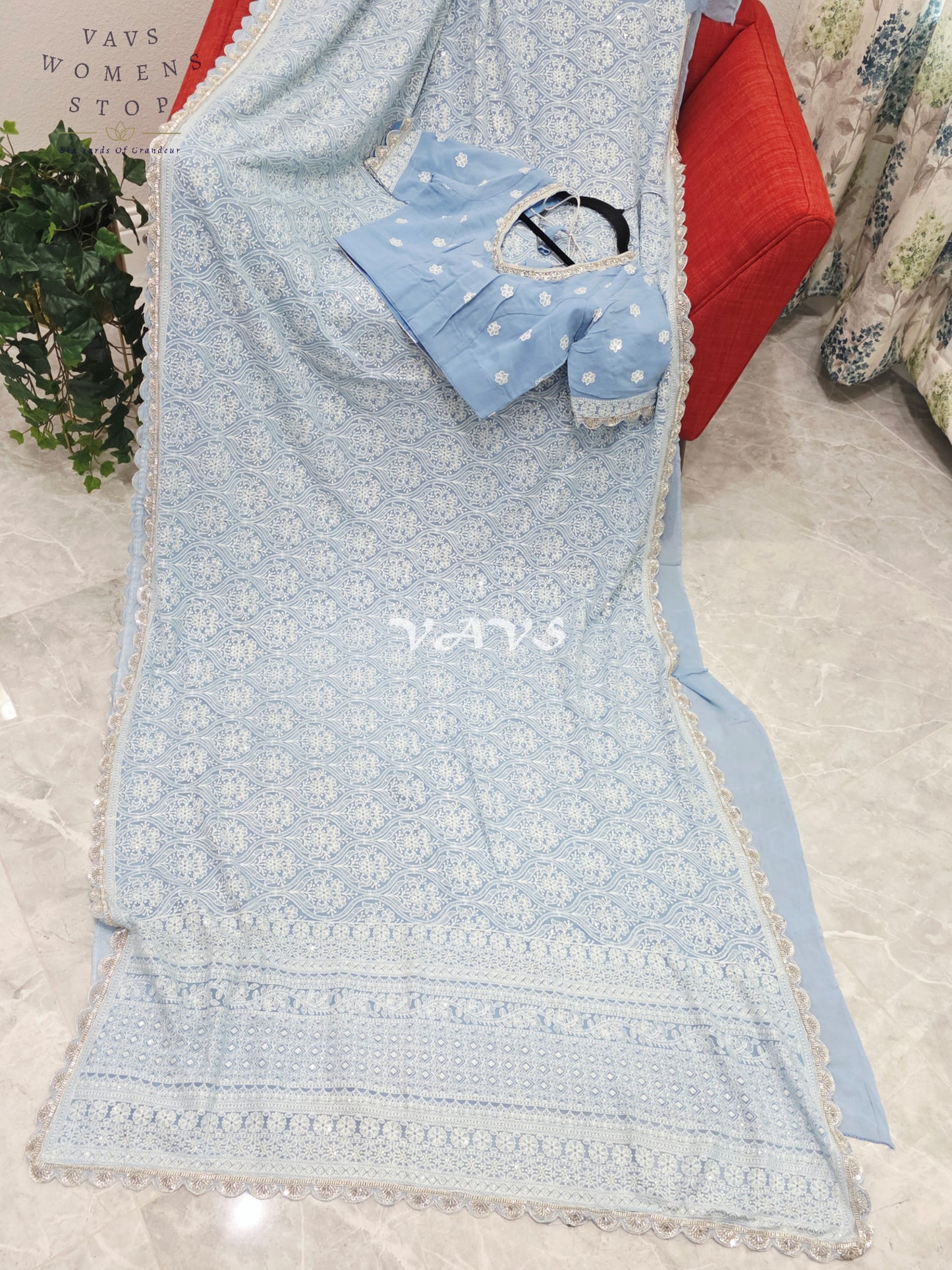 Powder Blue Pure Viscose Georgette Embroidered Saree with Stitched Blouse Size 34-40