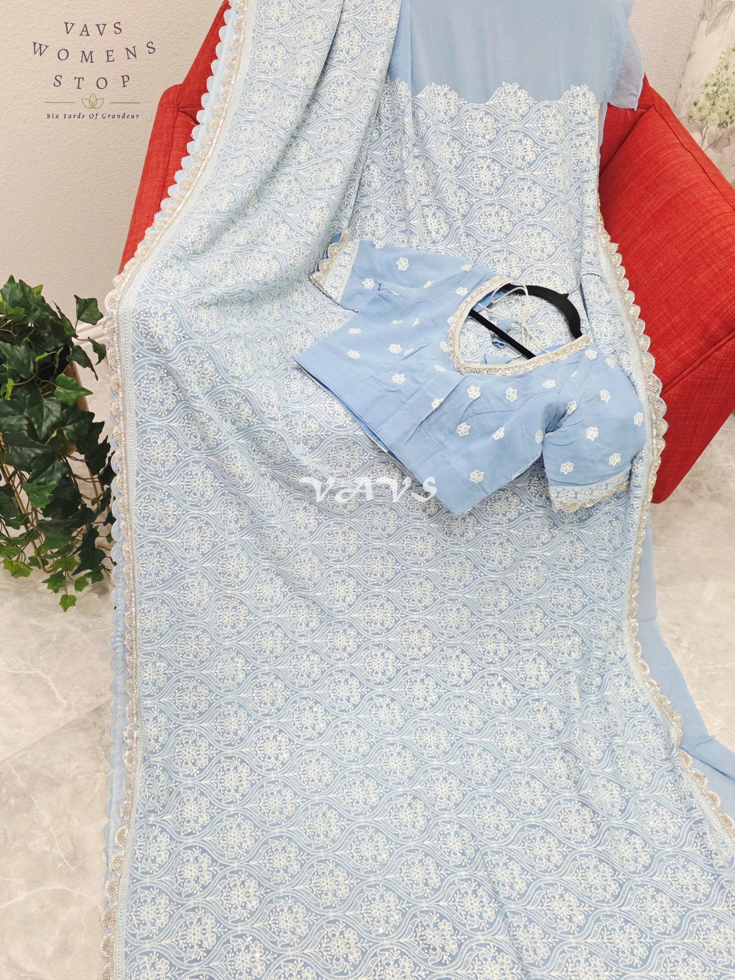 Powder Blue Pure Viscose Georgette Embroidered Saree with Stitched Blouse Size 34-40