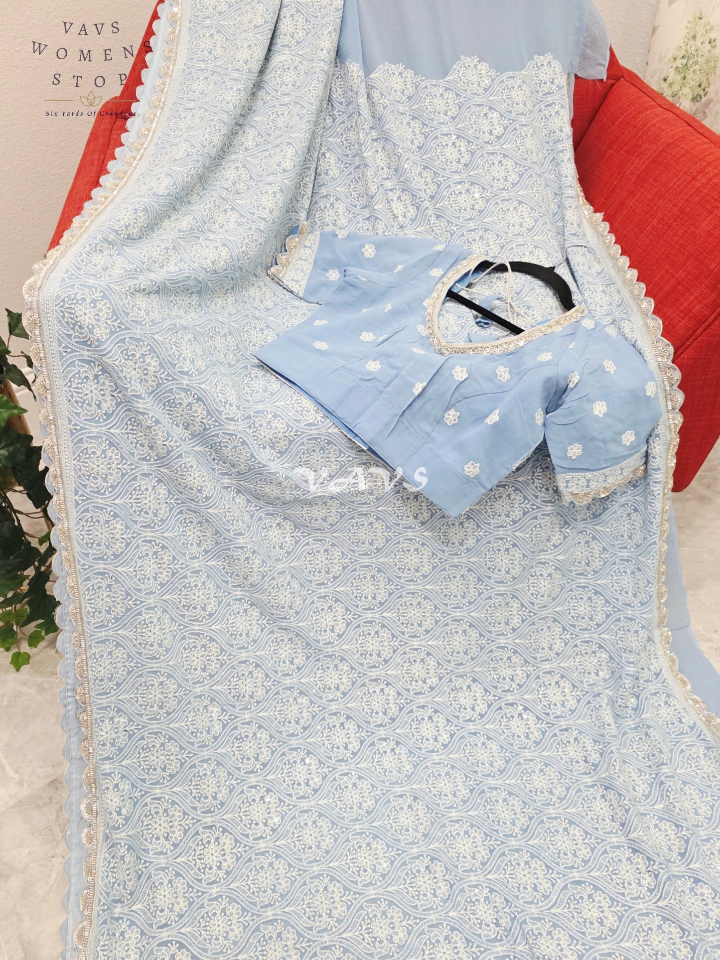 Powder Blue Pure Viscose Georgette Embroidered Saree with Stitched Blouse Size 34-40