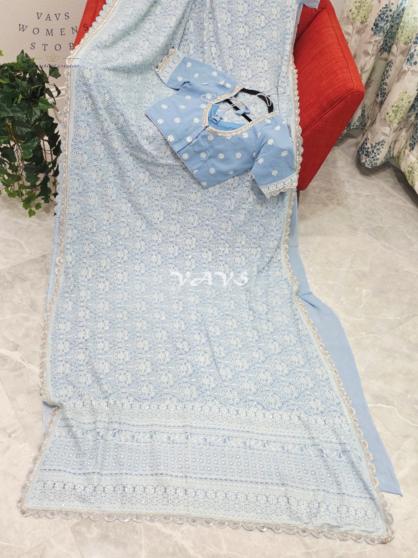 Powder Blue Pure Viscose Georgette Embroidered Saree with Stitched Blouse Size 34-40