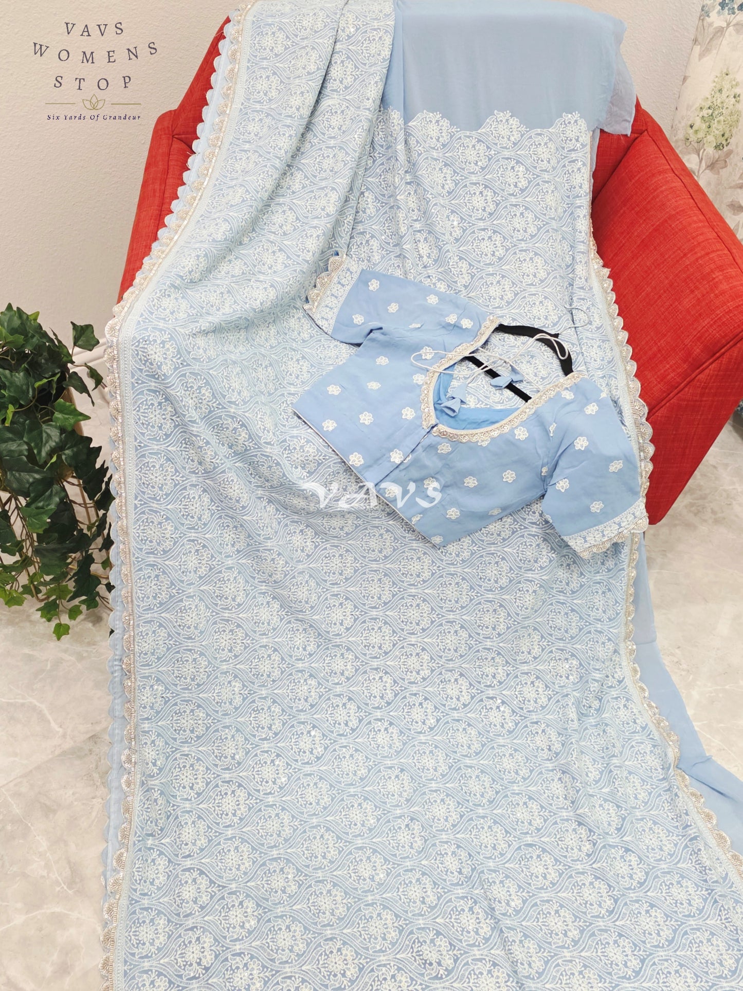 Powder Blue Pure Viscose Georgette Embroidered Saree with Stitched Blouse Size 34-40