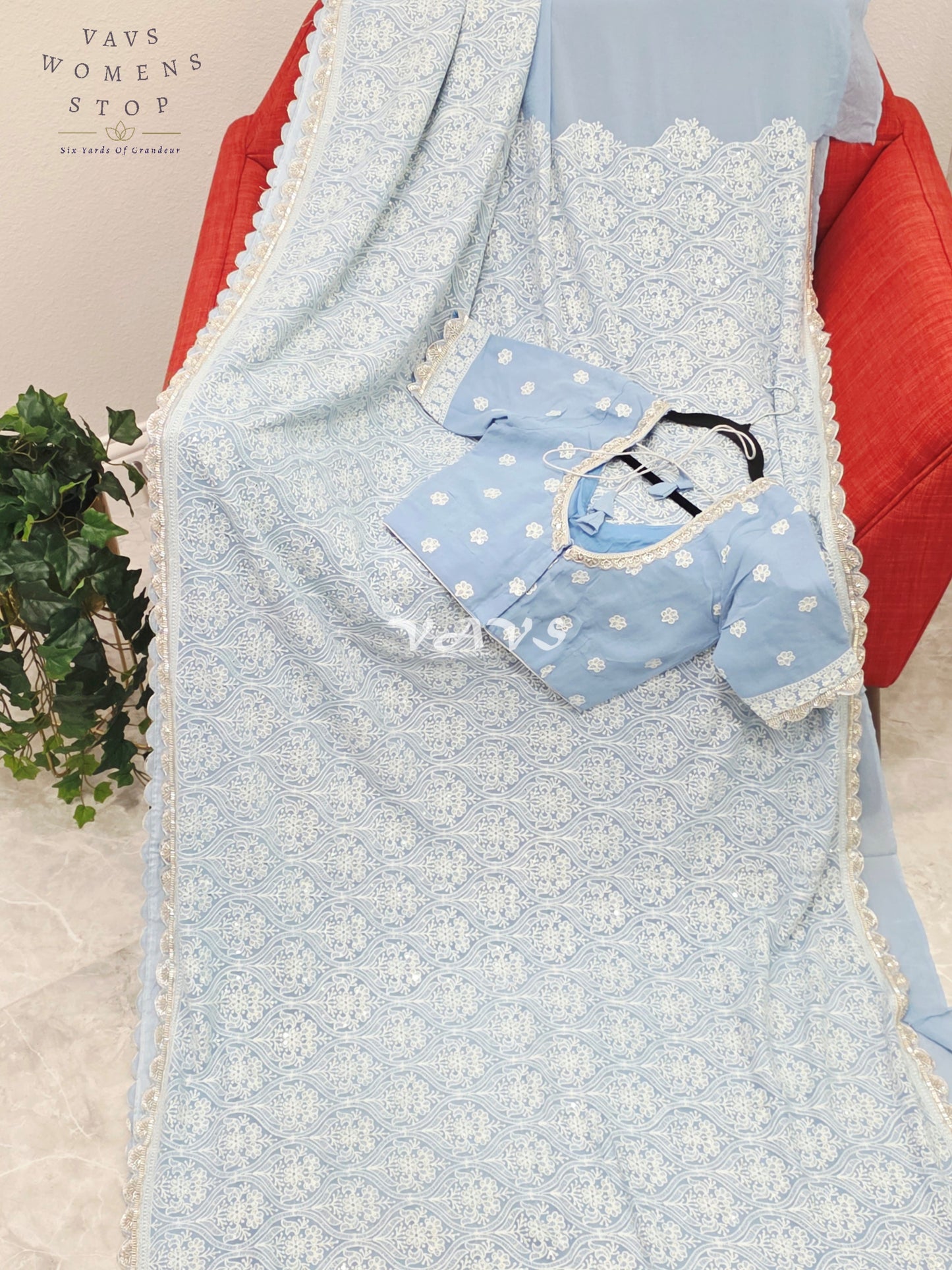 Powder Blue Pure Viscose Georgette Embroidered Saree with Stitched Blouse Size 34-40