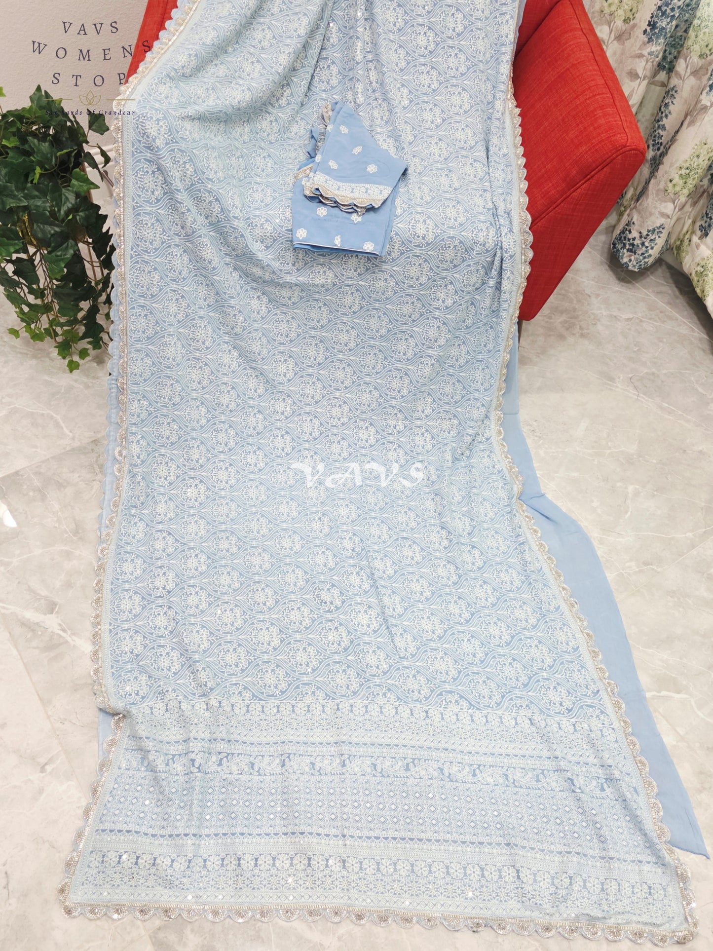 Powder Blue Pure Viscose Georgette Embroidered Saree with Stitched Blouse Size 34-40