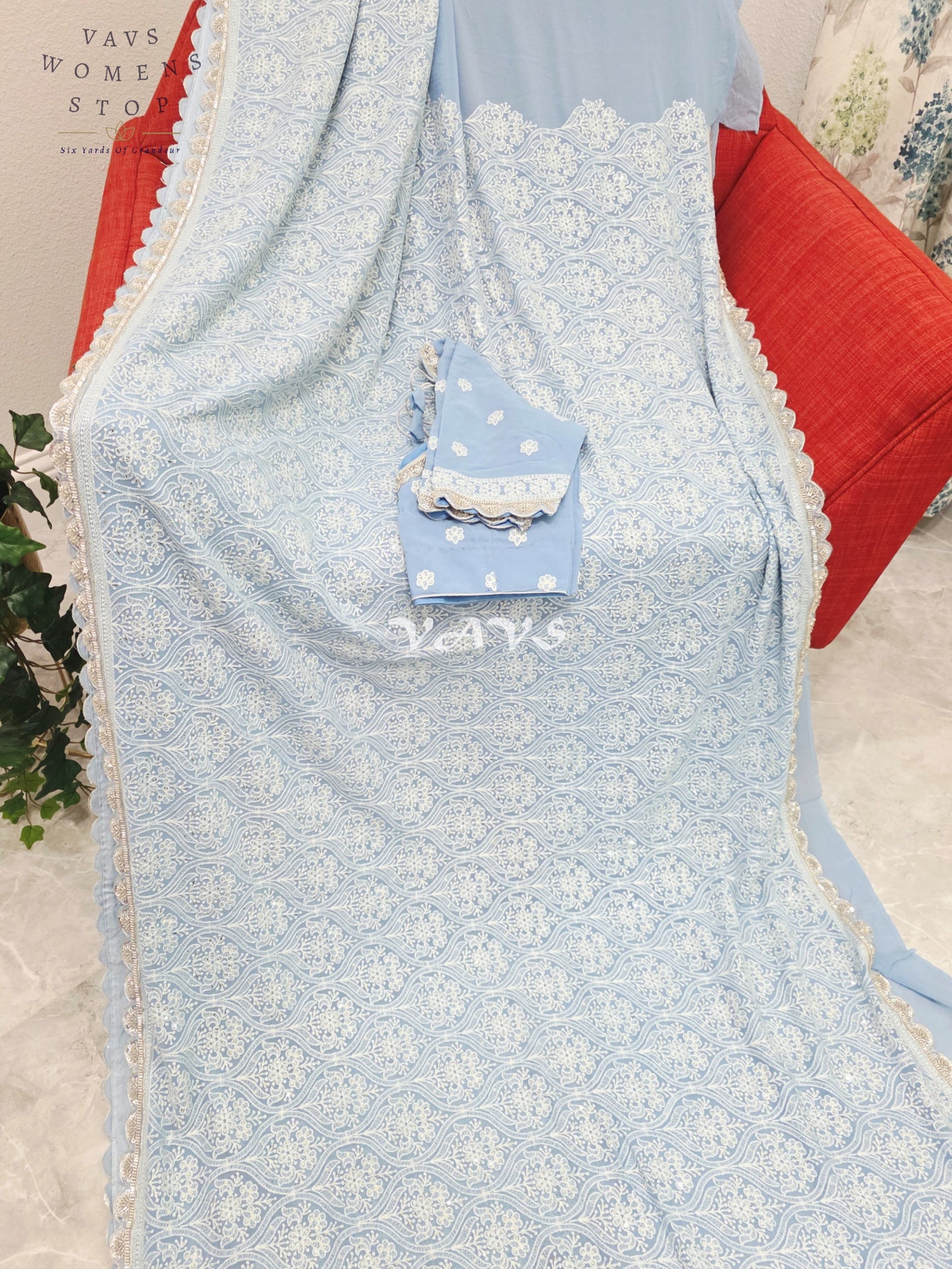 Powder Blue Pure Viscose Georgette Embroidered Saree with Stitched Blouse Size 34-40