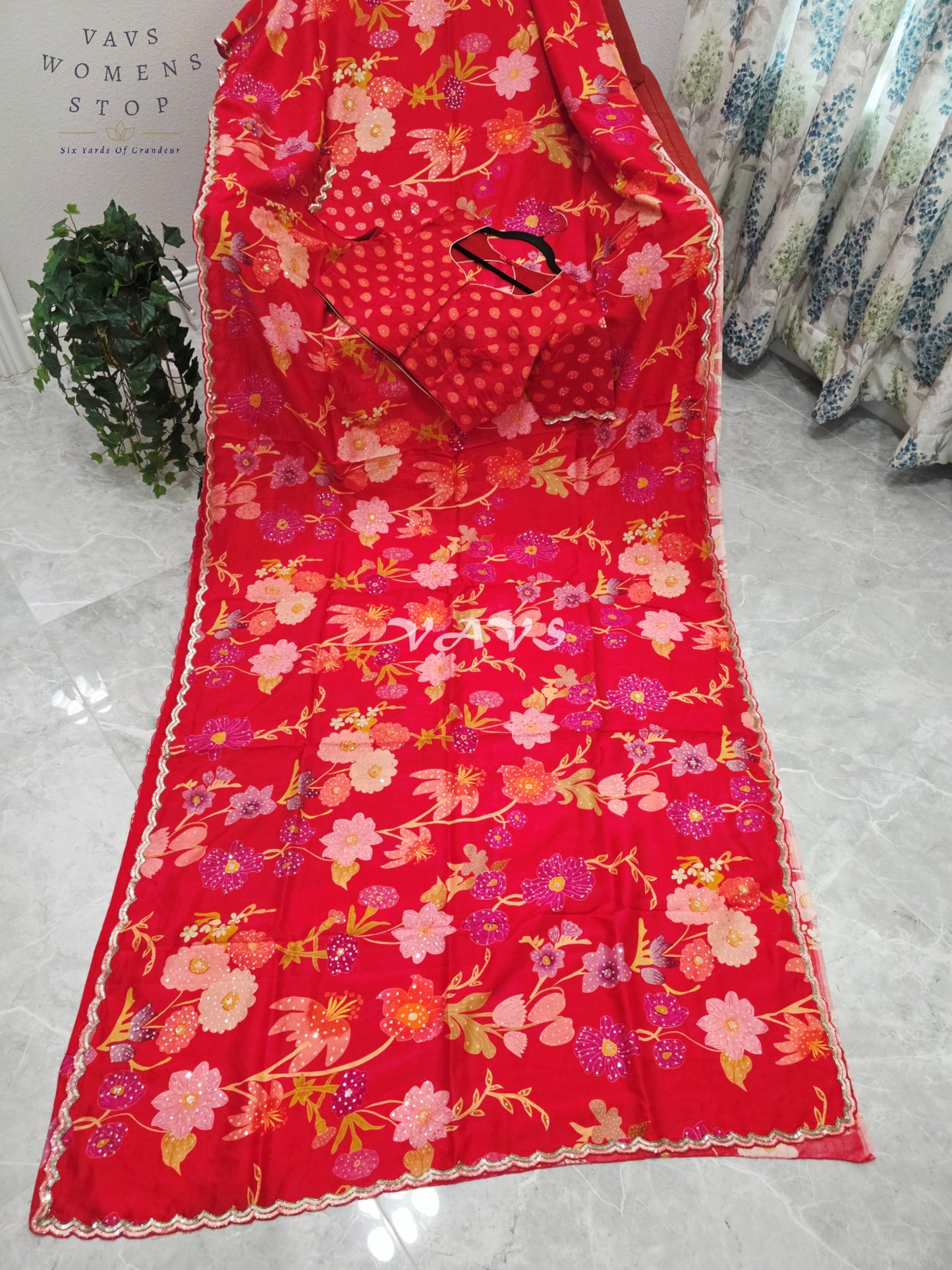 Royal Scarlet Red Soft Russian Crepe Silk Floral Print Sequins Saree with Stitched Blouse Size 38-44