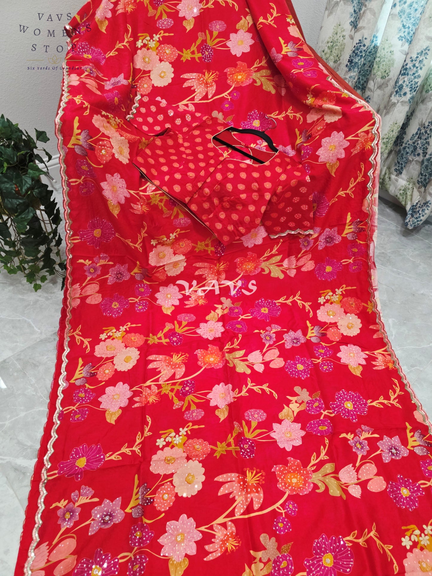 Royal Scarlet Red Soft Russian Crepe Silk Floral Print Sequins Saree with Stitched Blouse Size 38-44