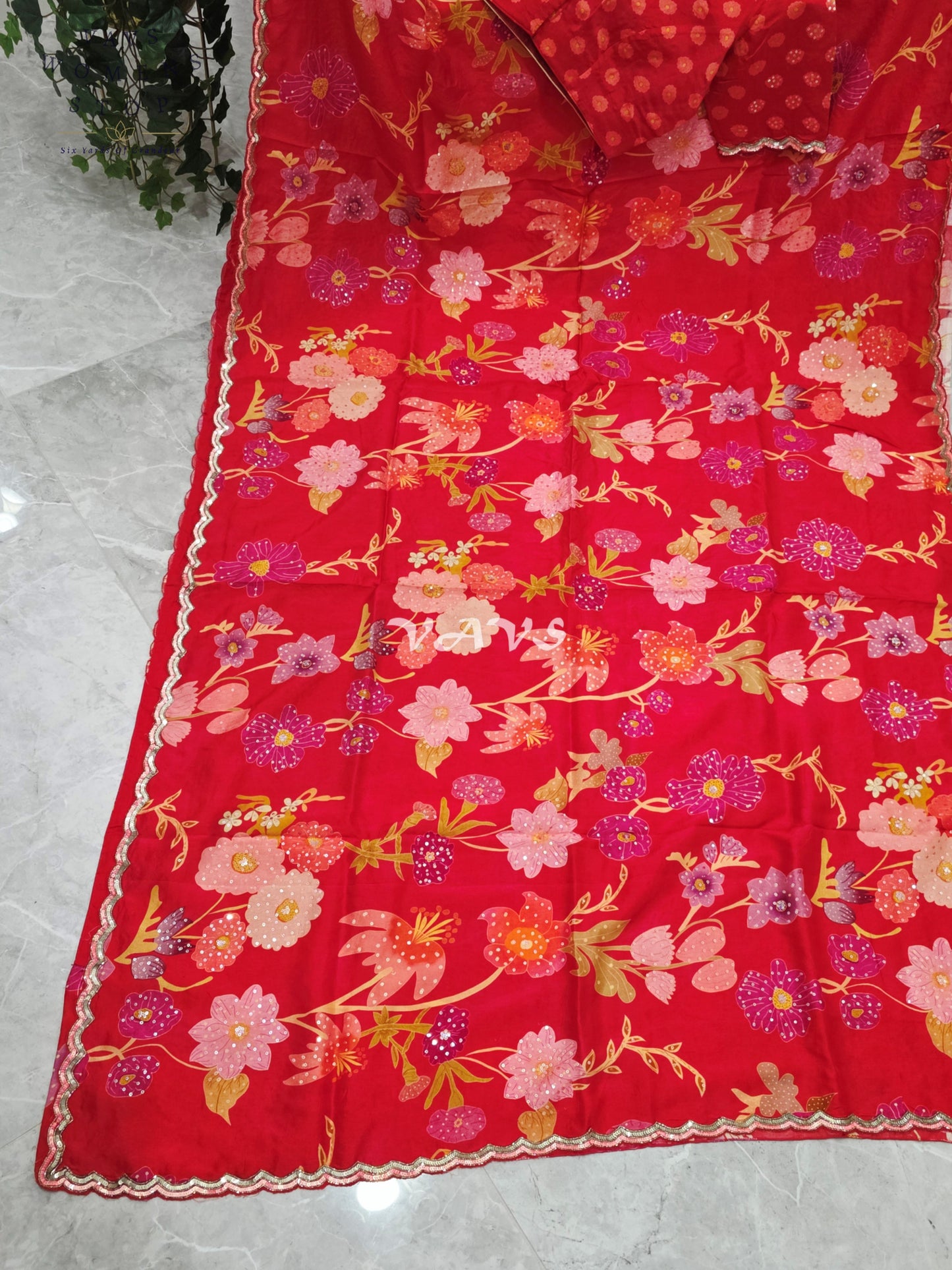 Royal Scarlet Red Soft Russian Crepe Silk Floral Print Sequins Saree with Stitched Blouse Size 38-44