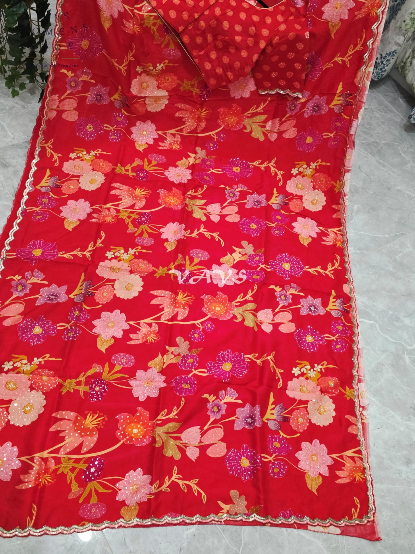 Royal Scarlet Red Soft Russian Crepe Silk Floral Print Sequins Saree with Stitched Blouse Size 38-44