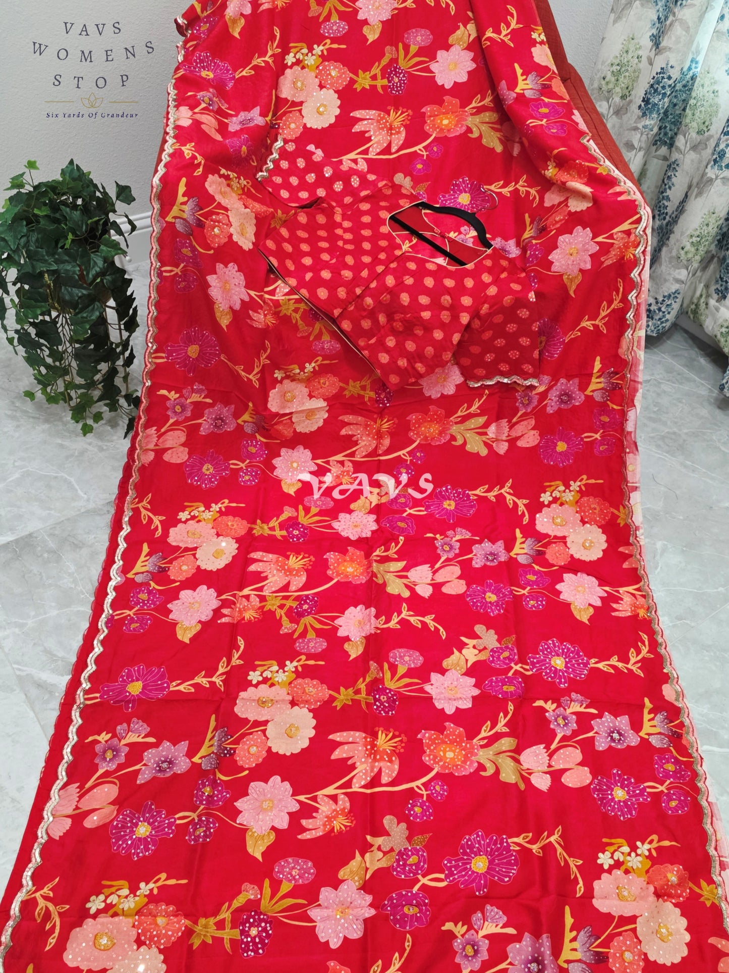 Royal Scarlet Red Soft Russian Crepe Silk Floral Print Sequins Saree with Stitched Blouse Size 38-44