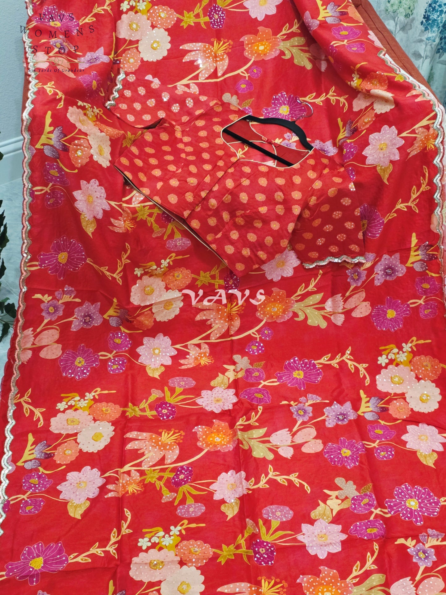 Royal Scarlet Red Soft Russian Crepe Silk Floral Print Sequins Saree with Stitched Blouse Size 38-44