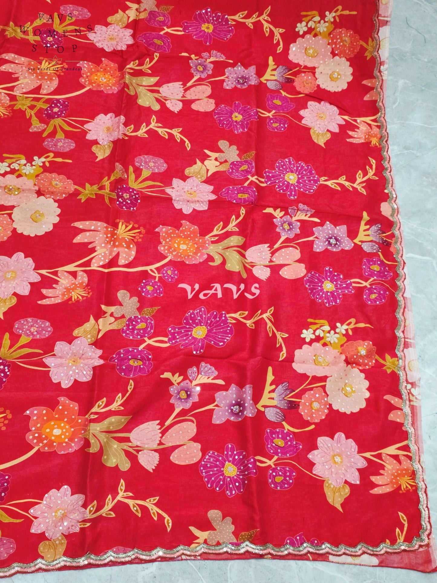 Royal Scarlet Red Soft Russian Crepe Silk Floral Print Sequins Saree with Stitched Blouse Size 38-44