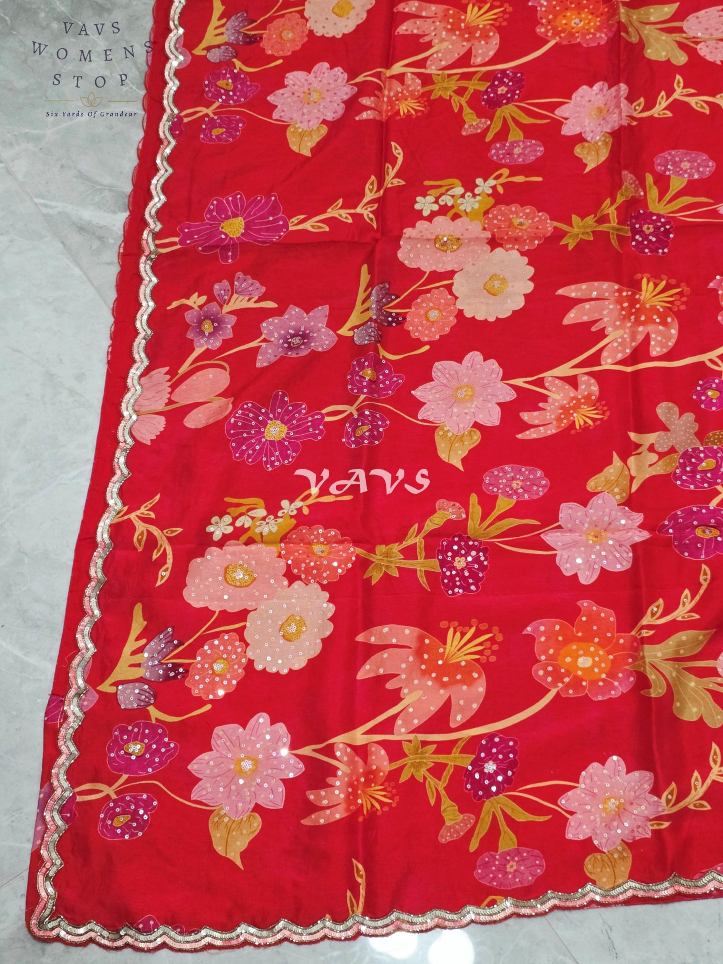Royal Scarlet Red Soft Russian Crepe Silk Floral Print Sequins Saree with Stitched Blouse Size 38-44