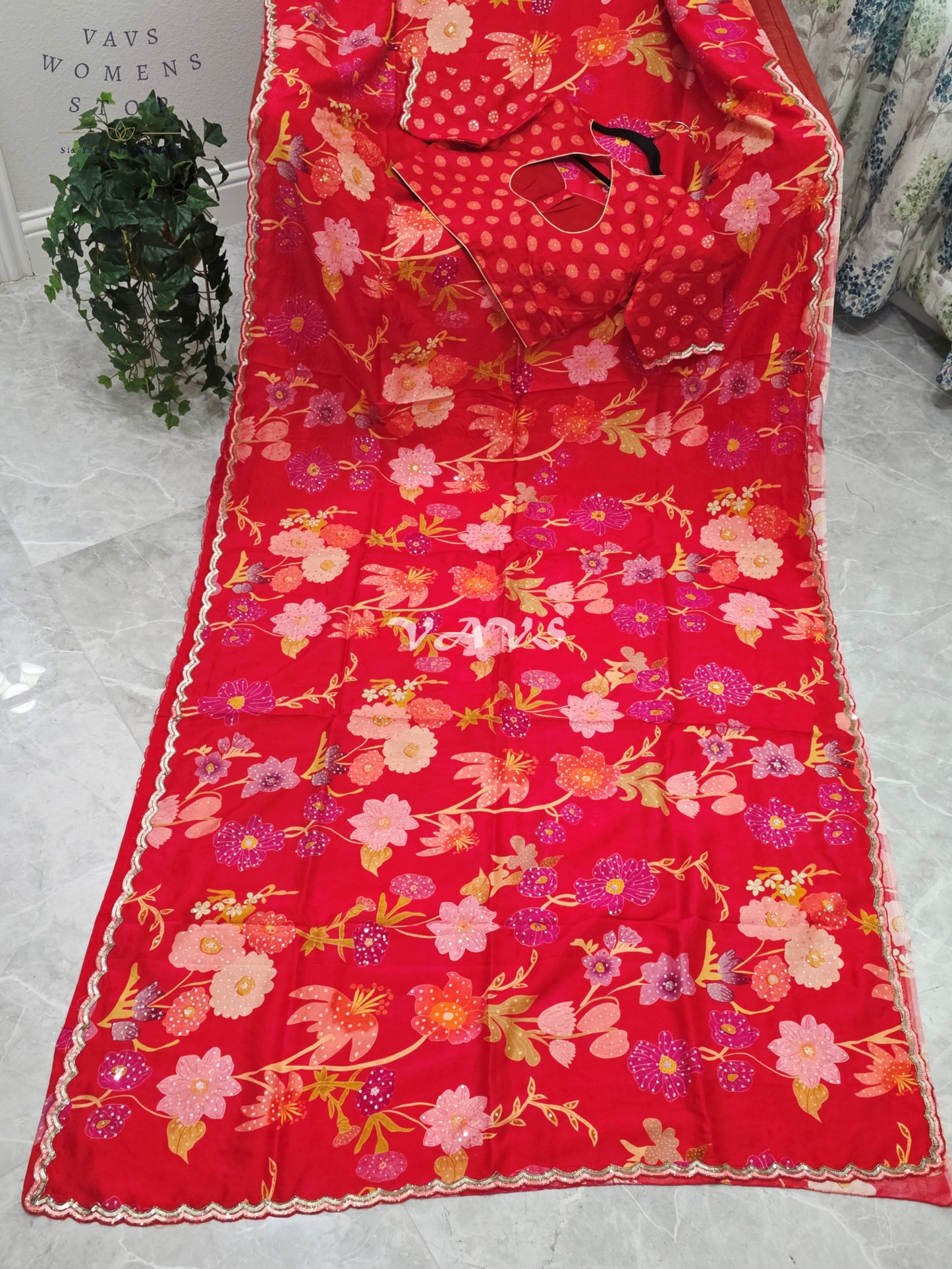 Royal Scarlet Red Soft Russian Crepe Silk Floral Print Sequins Saree with Stitched Blouse Size 38-44