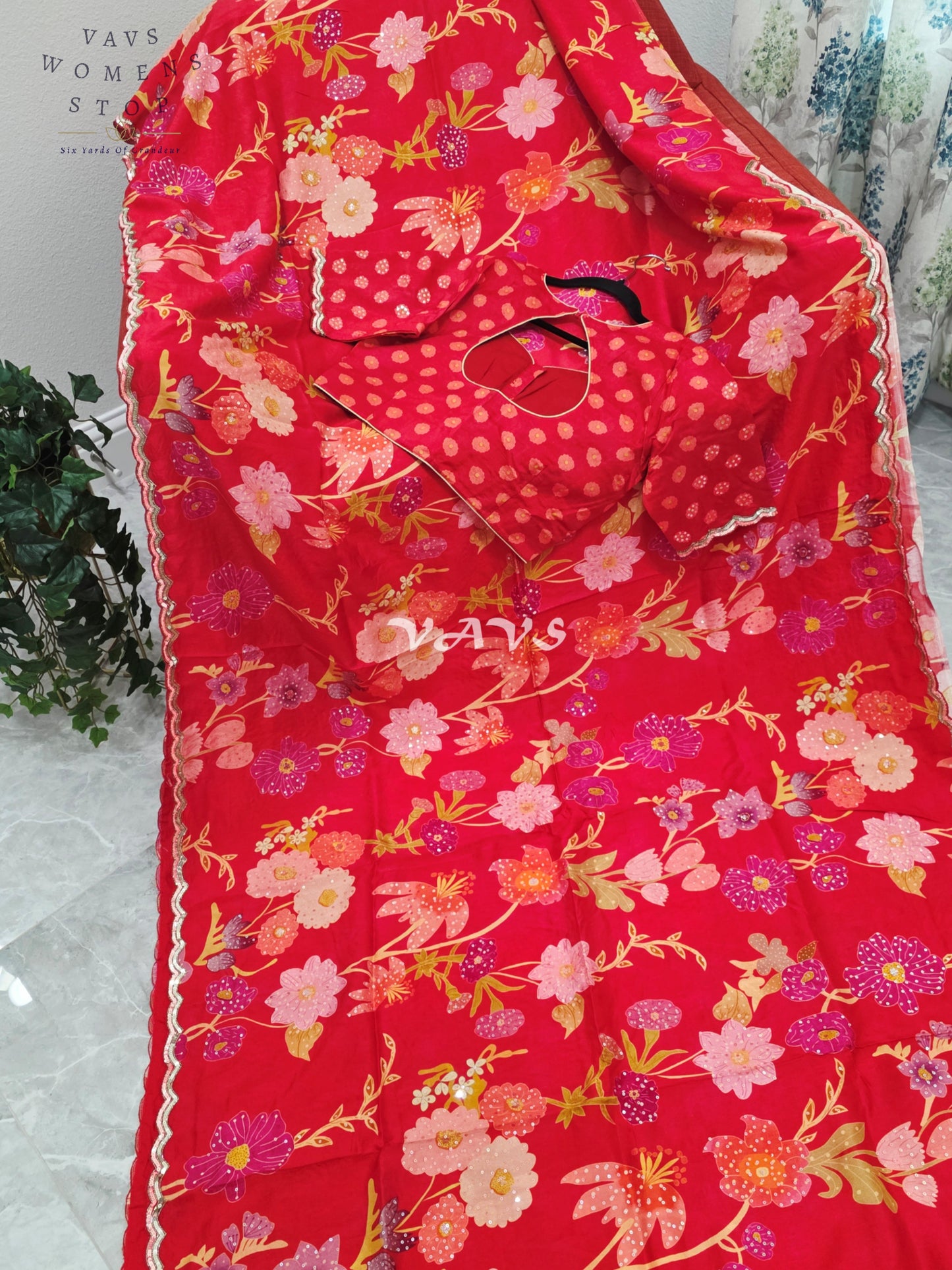 Royal Scarlet Red Soft Russian Crepe Silk Floral Print Sequins Saree with Stitched Blouse Size 38-44