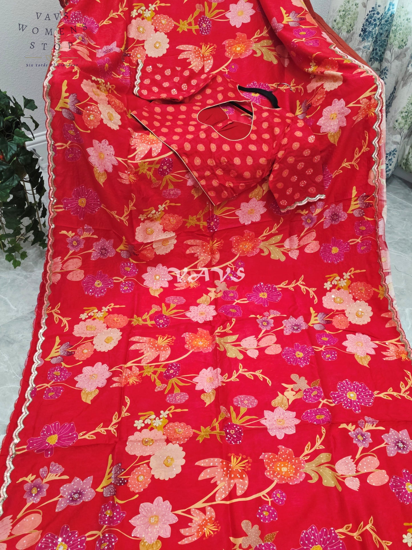 Royal Scarlet Red Soft Russian Crepe Silk Floral Print Sequins Saree with Stitched Blouse Size 38-44