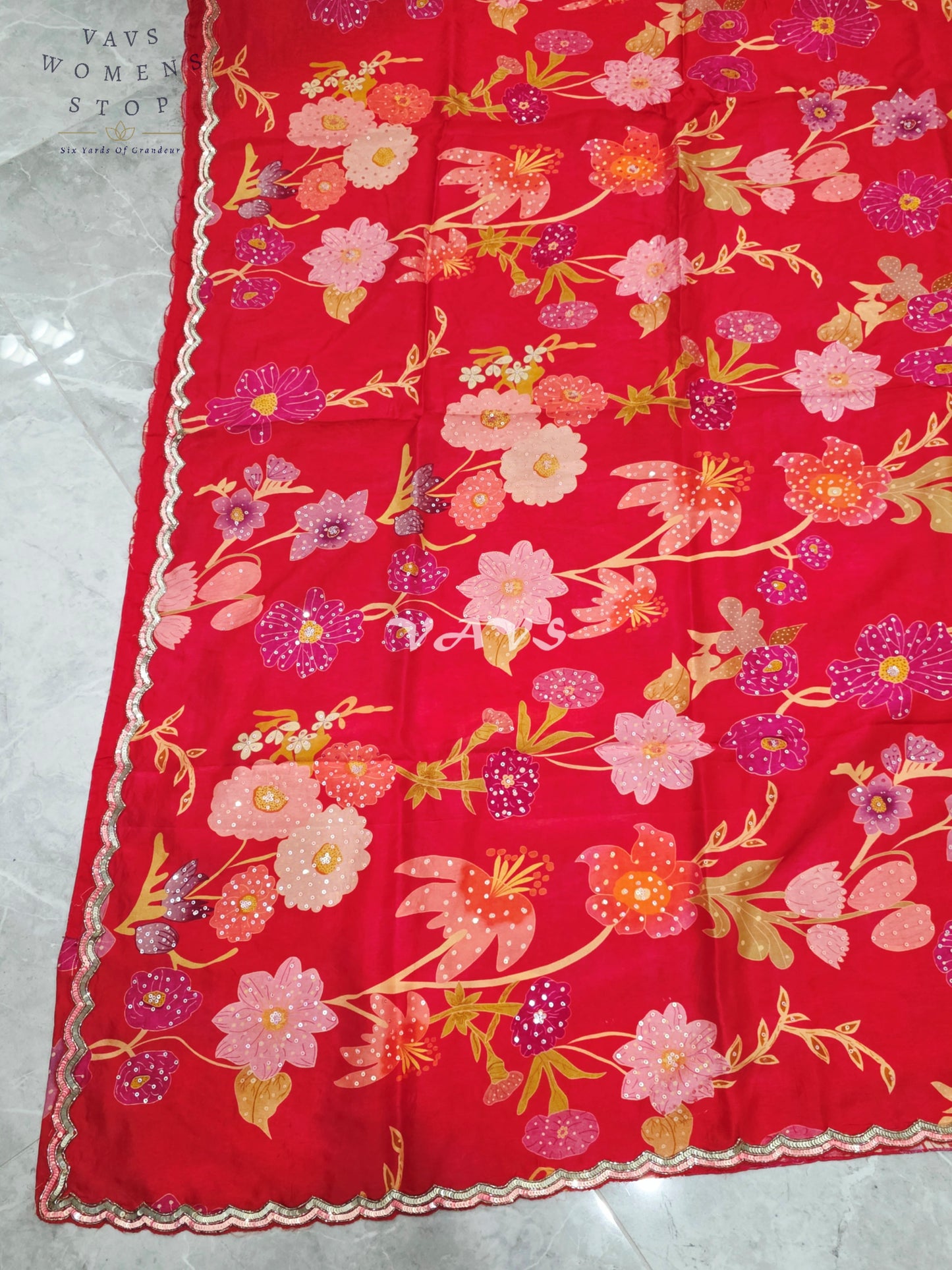 Royal Scarlet Red Soft Russian Crepe Silk Floral Print Sequins Saree with Stitched Blouse Size 38-44
