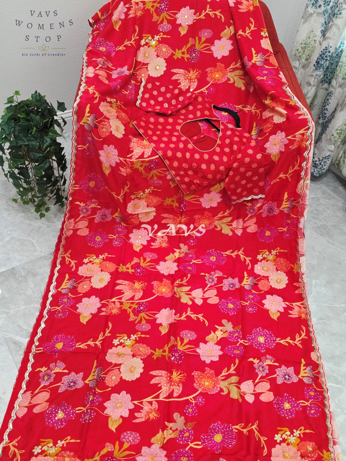 Royal Scarlet Red Soft Russian Crepe Silk Floral Print Sequins Saree with Stitched Blouse Size 38-44