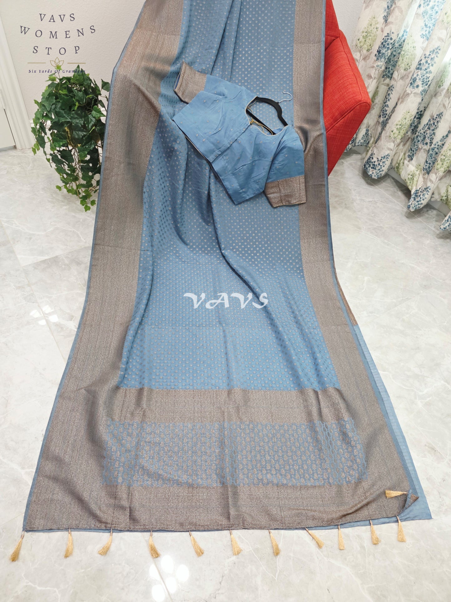 Royal Dusty Sky Blue Antique Zari Chiffon Georgette Saree with Stitched Blouse Size 40-46